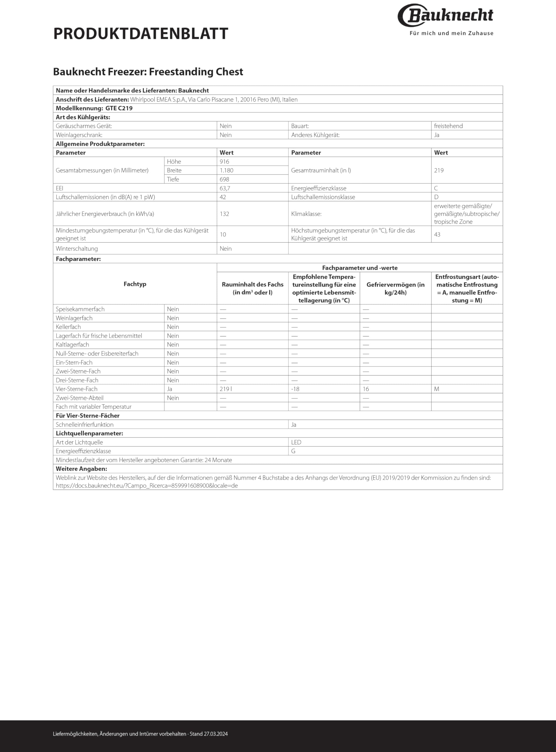 Bauknecht GTE C219 Freistehende Gefriertruhe 118 cm/Energieeffizienzklasse C/Gesamtnutzinhalt 219 l/SpaceMax/Supergefrierfunktion/ 3 Vorratskörbe/Innenbeleuchtung/Door Balance