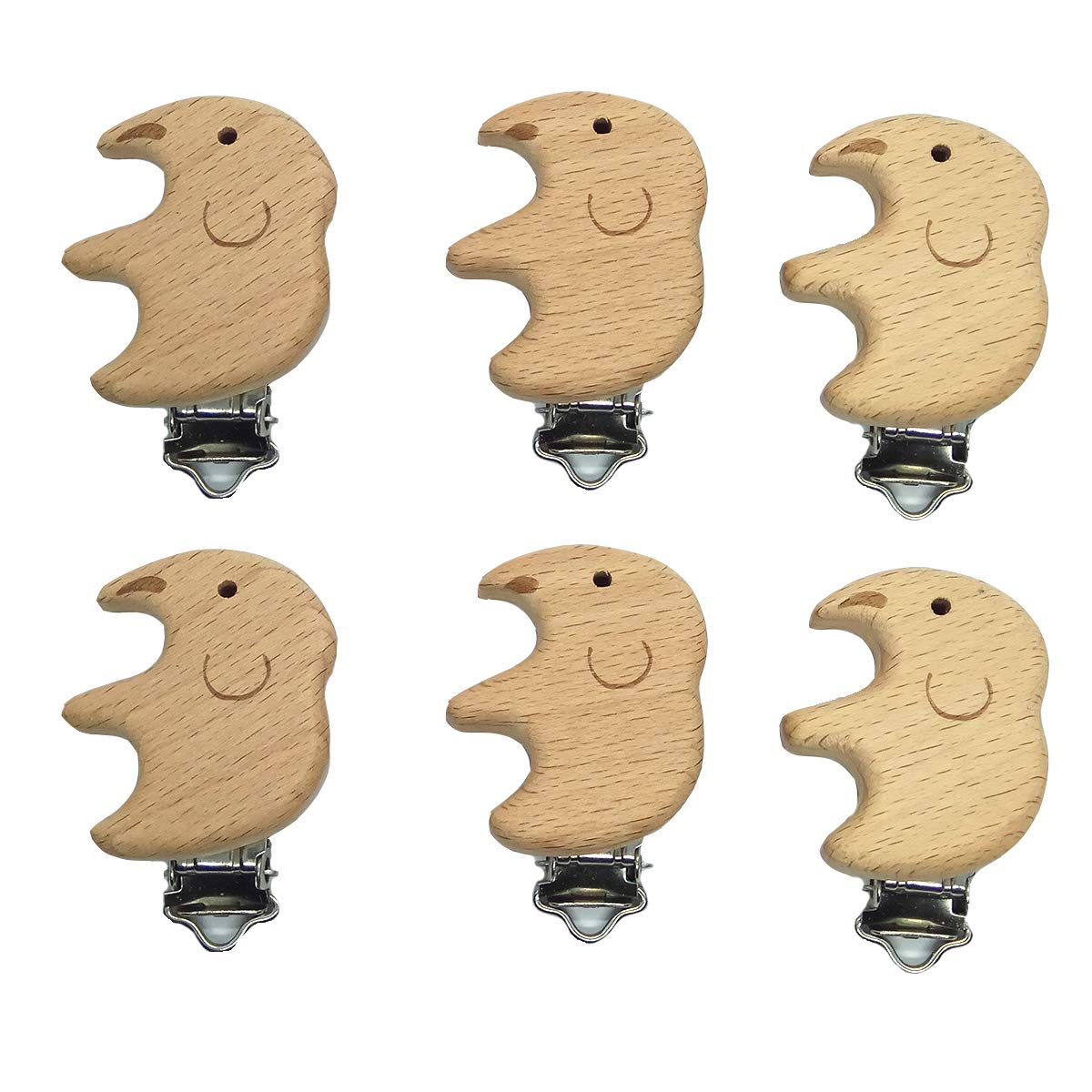 20pcs Natural Wood Suspender Pacifier Clips Cute Beech Wooden Animal Elephant Shape Clips DIY Beading Pacifier Chain Accessory