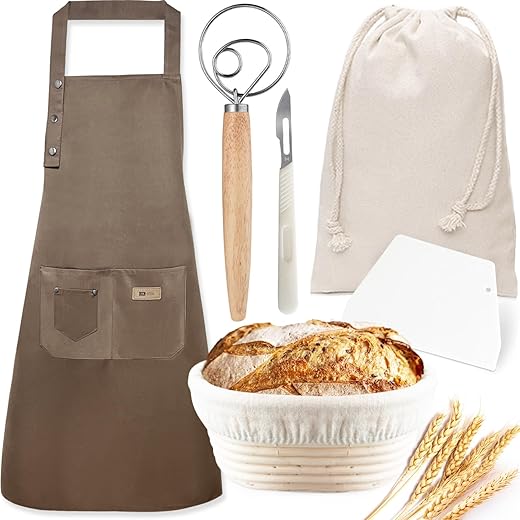 Accesorio Panadero para Pan Casa. Banneton para pan 21 cm (Tamaño mejorado 2023). Delantal de cocina de algodón. Corte de pasta. Bolsa de almacenamiento de lino. Hoja de panadero. Mezcla de pasta de