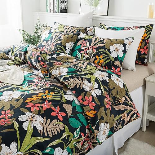 Miniatura 3 de FADFAY Juego de funda de edredón tamaño individual, diseño floral, fundas de edredón con estampado de flores negras y rojas, suave, 100% algodón,