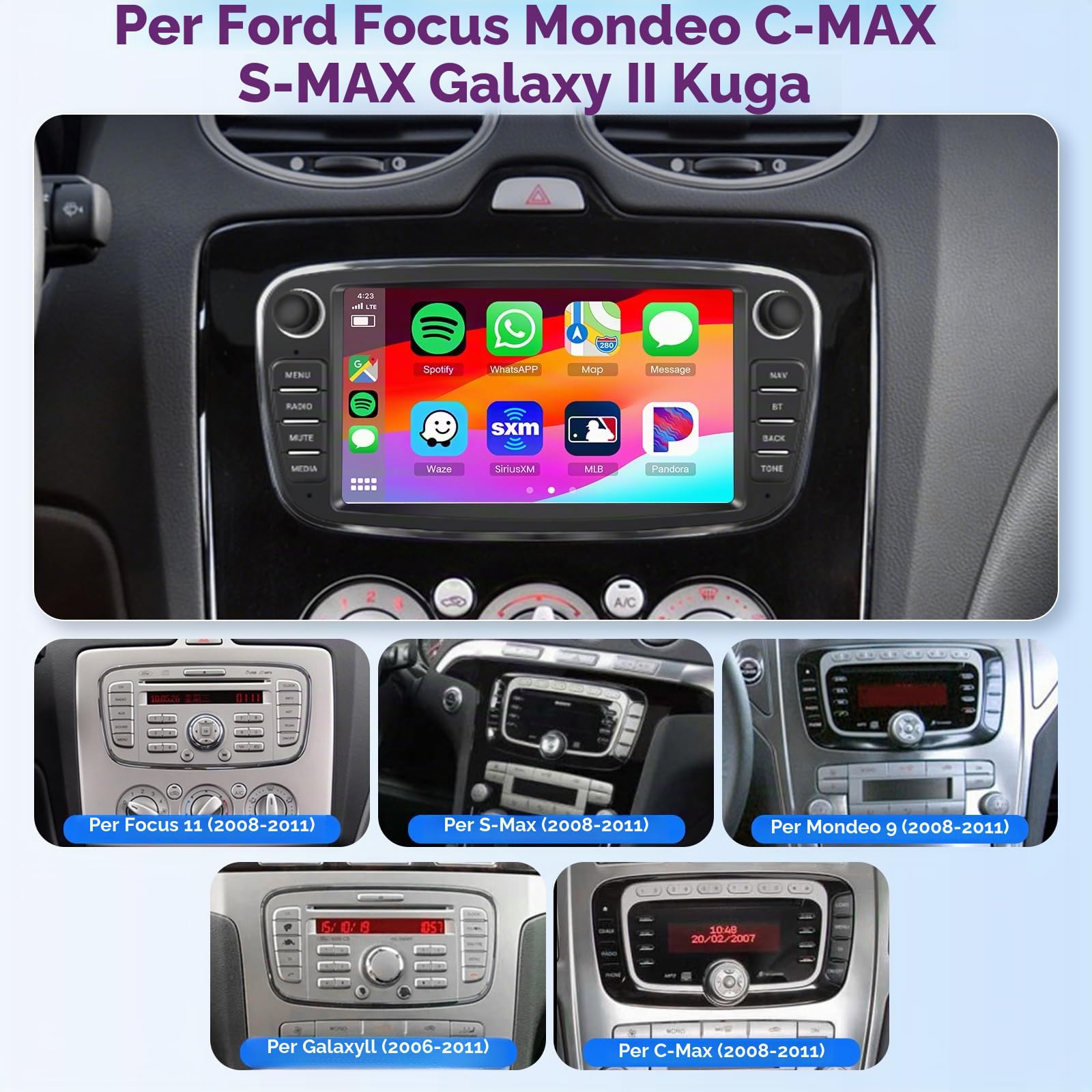 6G+128G 8-Core Autoradio per Ford Focus II mk2 Mondeo S-Max C-Max Galaxy Android Autoradio Bluetooth GPS, Hodozzy 7 Pollici Touchscreen Radio con CarPlay Wireless Android Auto, WiFi DSP FM RDS Camera