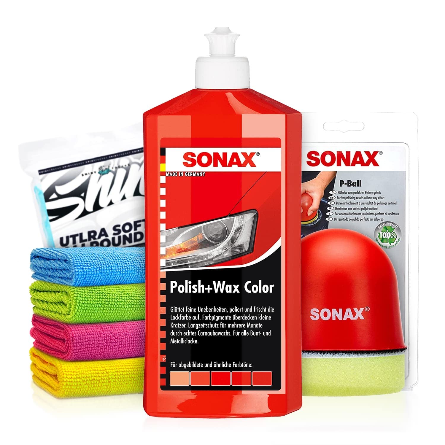 Politurset: SONAX Polish+Wax Color rot (500 ml) Auto Politur mit roten Farbpigmenten und Wachsanteilen + Applikator + Mikrofasertücher | mühelos und schnell zum perfekten Polierergebnis | 6-Teilig