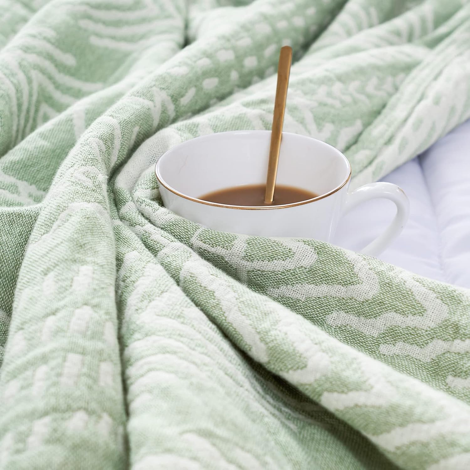 jinchan Boho 100% Cotton Blanket Muslin Lightweight Twin Size Throw Blanket Reversible for Couch Soft Cozy All Season 3-Layer Throw Coverlet Blanket for Bedroom Living Room Decor Green 60x80 Inches - Image 9