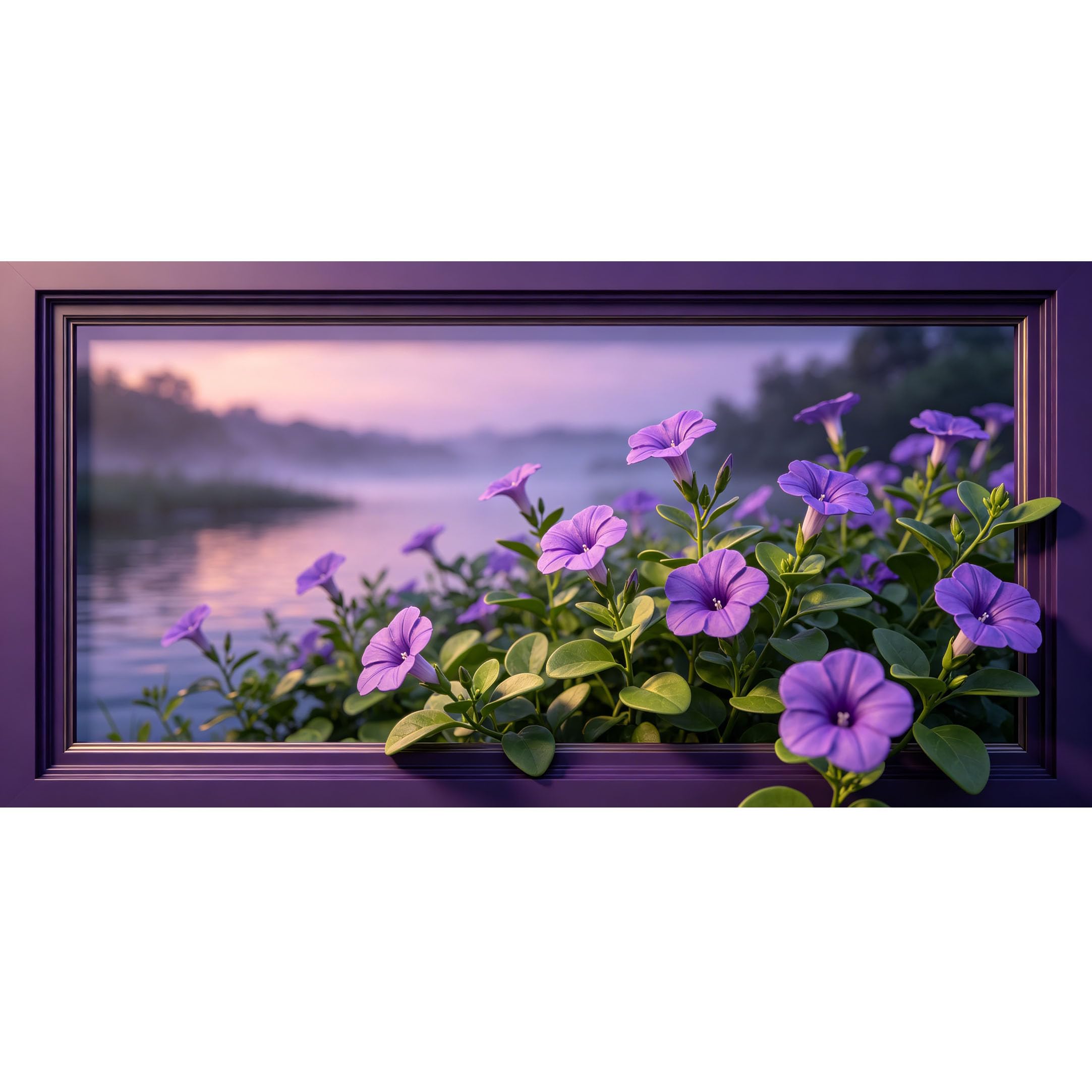 Agglomerix 3D Framed Wall Art Purple Petunia Flower Lake Mist Botanical Landscape Large Size SelfAdhesive Removable Wall Decor Prints Artwork for Living Room Bedroom Office