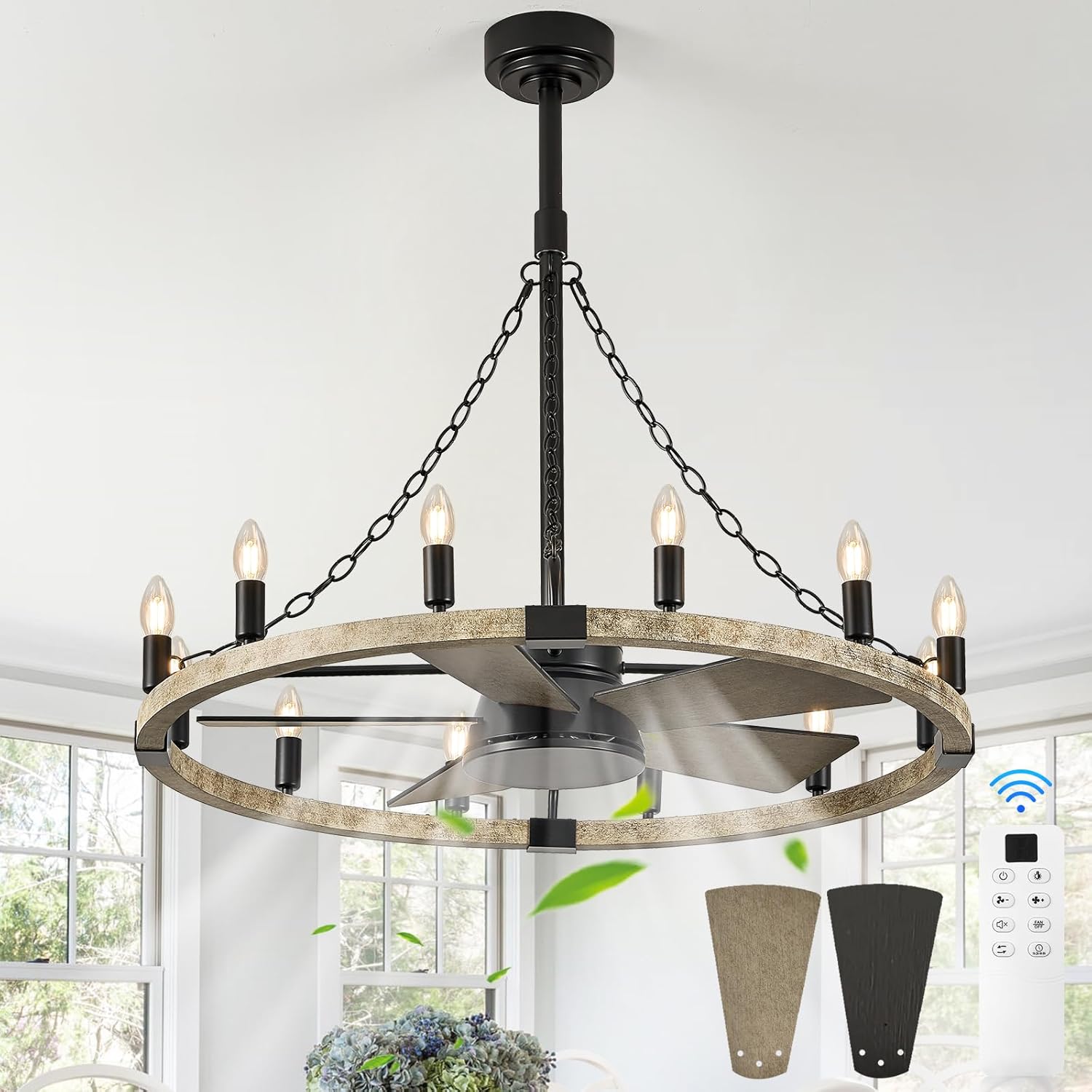 Rustic Wagon Wheel Ceiling Fan with Light, 35in Farmhouse Weathered Wood Ceiling Fan Light Fixture Rustic Wheel Fan Light with Remote Control for Patio Foyer Living Room Bedroom Dining Room