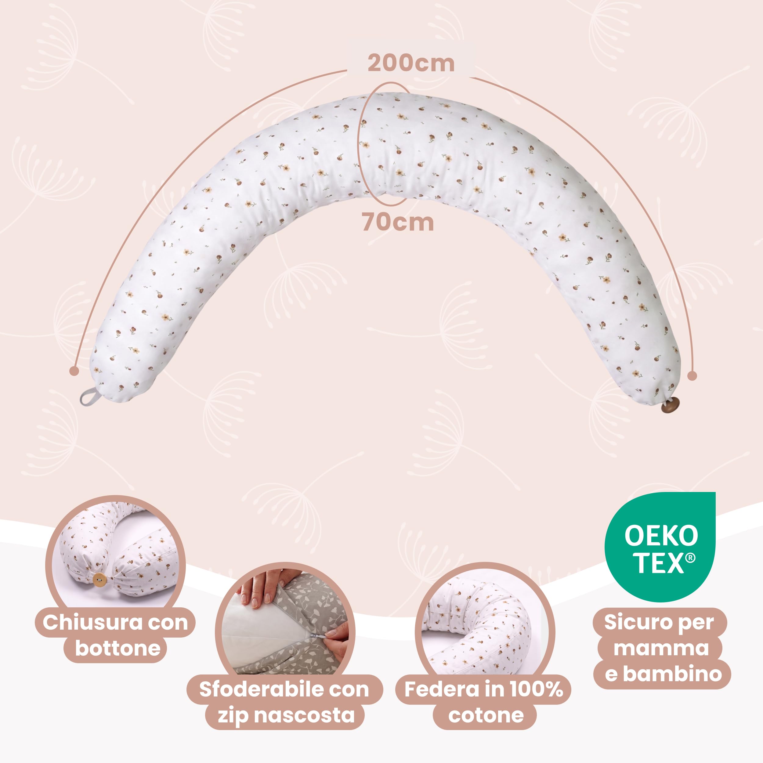 MIMUSELINA Cuscino Allattamento e Gravidanza 100% Cotone | Extra Grande e Morbido 200 x 70 cm | Cuscino Gravidanza, Allattamento e Nido Neonato | Fodera Sfoderabile e Lavabile | Bianco con Fiori