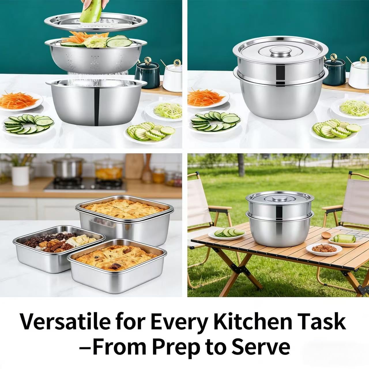 GERMANY DESIGNED 5in1 Multifunktionales Edelstahl Becken Set mit Reibe, Sieb, Abflusskorb & Salatbereiter - Premium Küche Rührschüssel für Gemüse, Obst und Nudeln