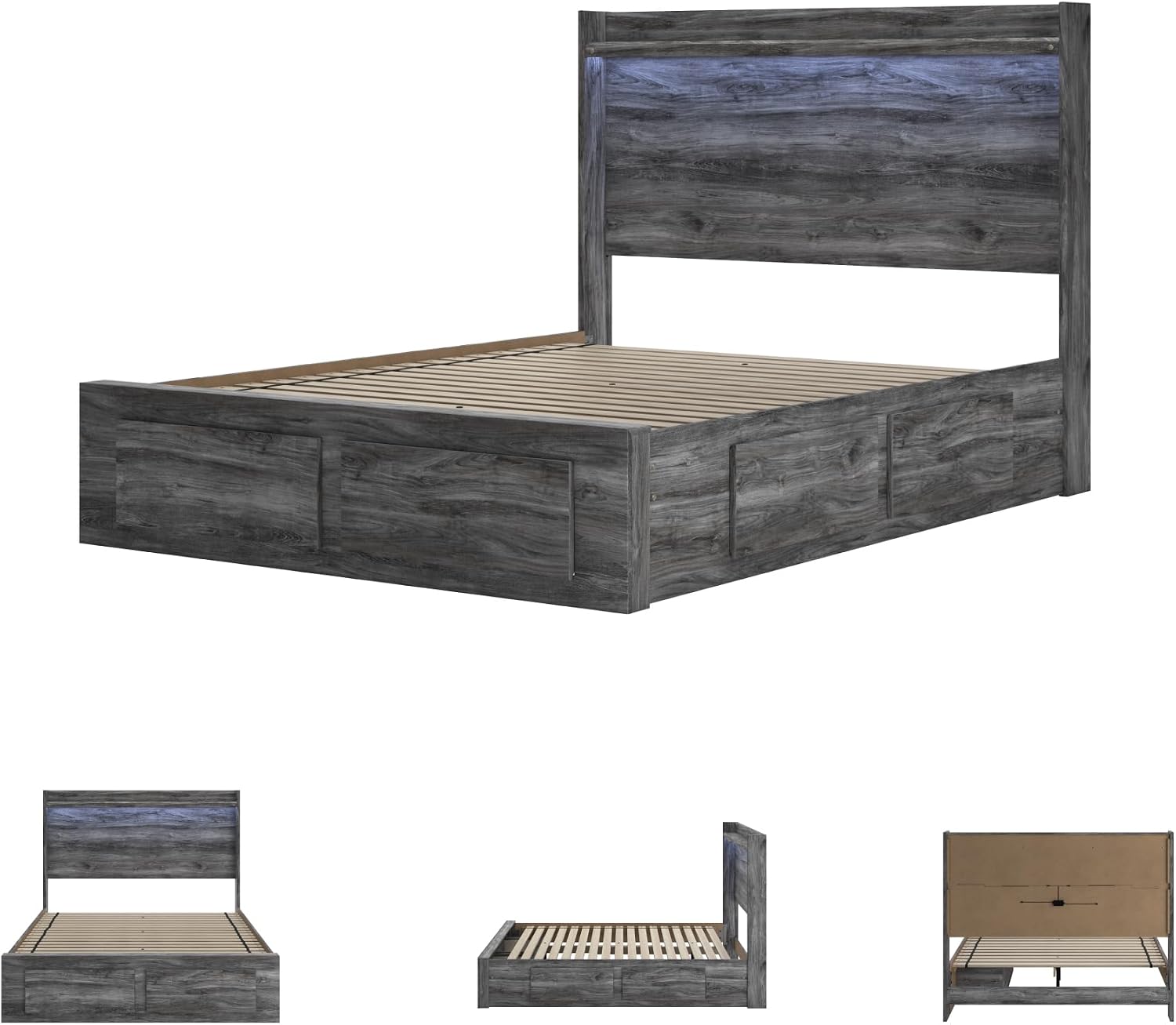 Signature Design by Ashley Baystorm Casual Queen Panel Platform Bed with 4 Storage Drawers and LED Light, Foundation or Box Spring Not Needed, Gray