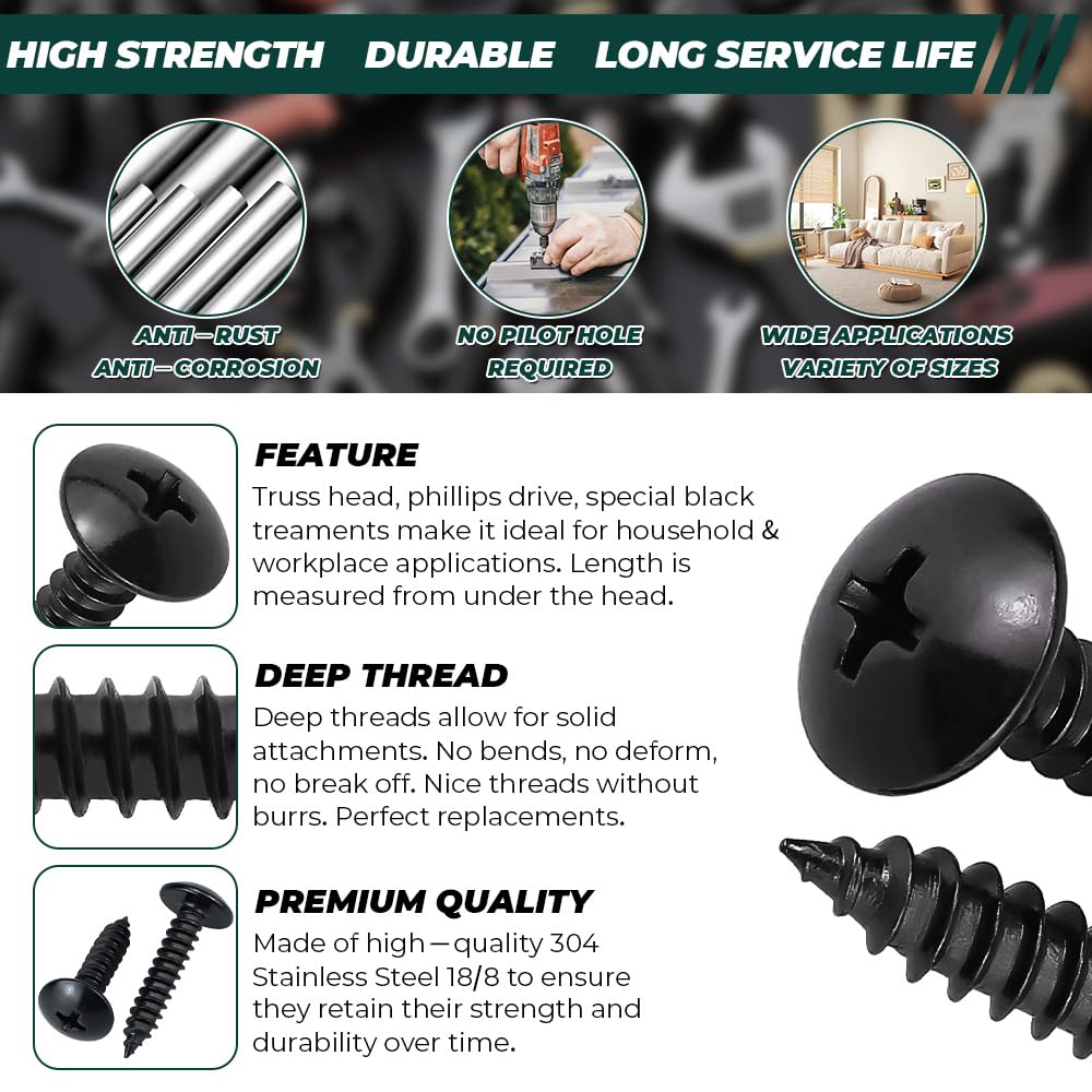 100pcs #4 x 1/4" Black 304 SS Phillips Truss Head Sheet Metal Screws + Bit