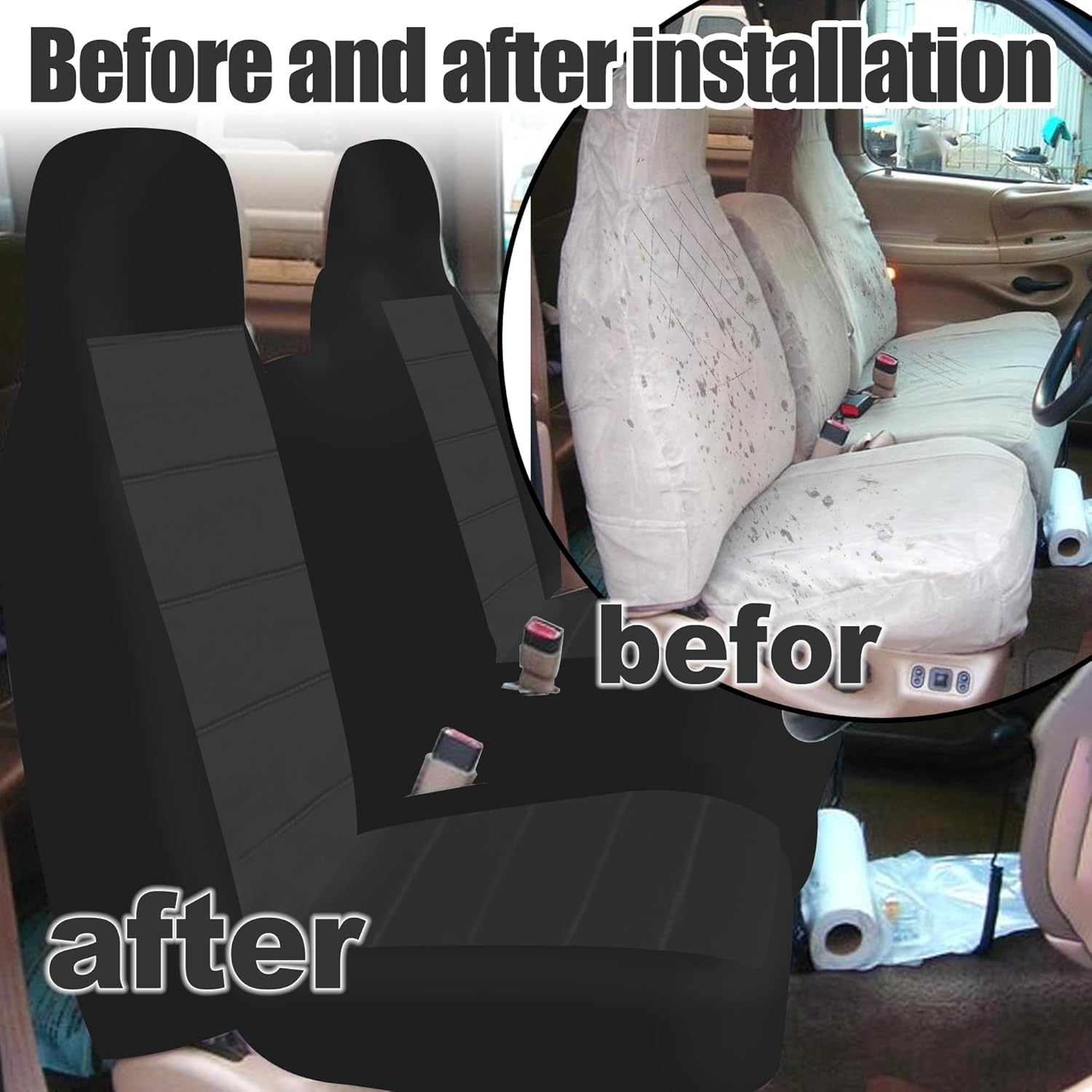 Heavy-Duty Front Bench Seat Covers for Ford F150 1999 2000 2001 2002 2003 2004 Enhanced Thick Composite Sponge Fabric with Molded Headrests Easy Installation Machine Washable - Black