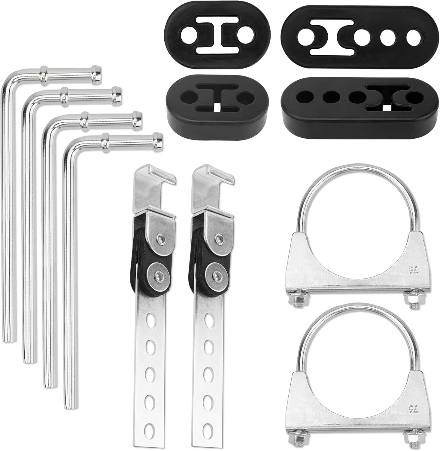 3" Exhaust Hangers Kit 12PC - 360° Swivel Clamps with Adjustable 2/4 Hole Brackets & 9.5" Bend Rods, Zinc Coated Complete Set for Muffler Pipe