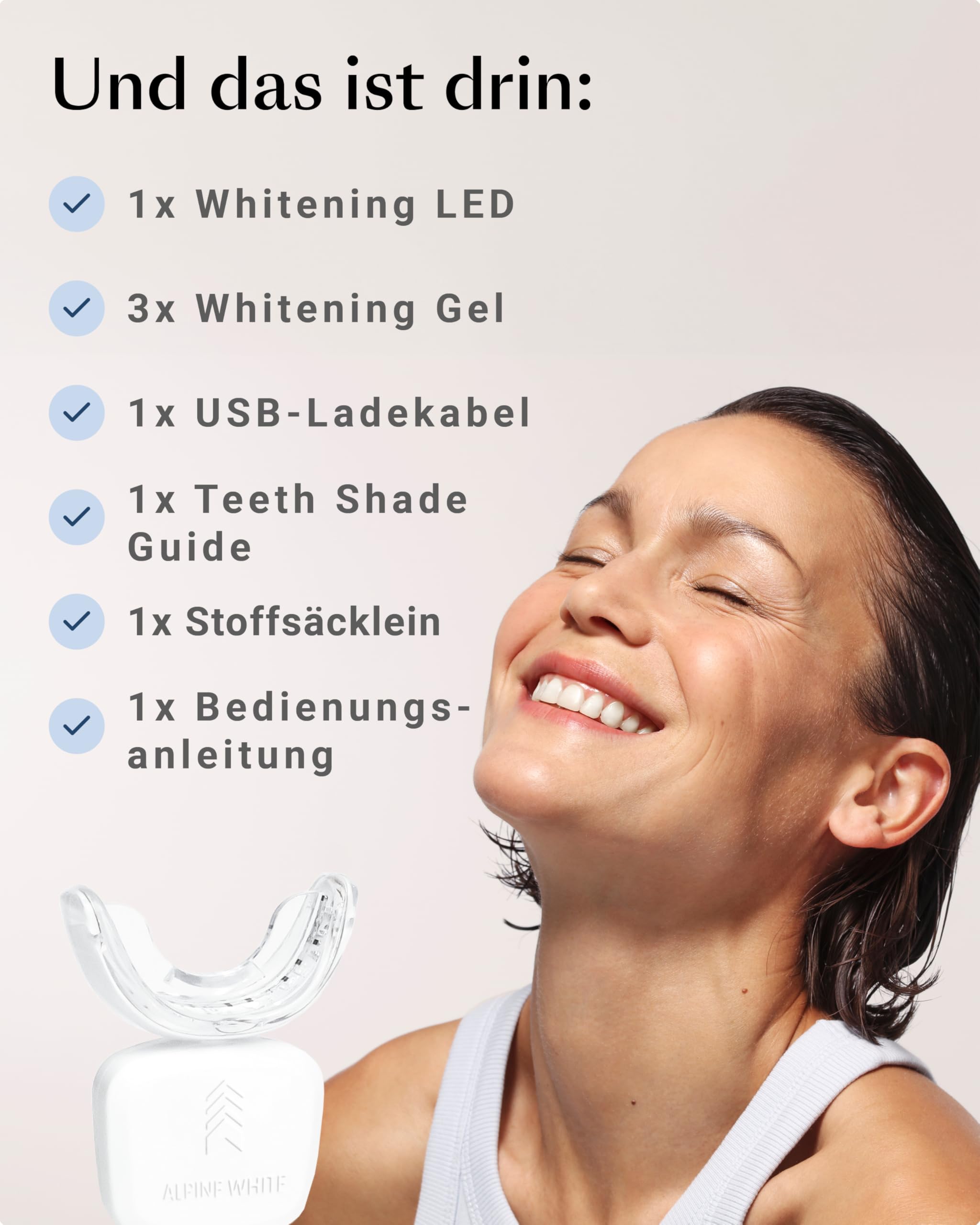 ALPINE WHITE Whitening Kit – Professionelles Zahnbleaching für Zuhause I Whitening LED mit Blue Light Technology und Whitening Gel für sichtbar weißere Zähne in nur 3 Tagen I Nur 15 Minuten täglich