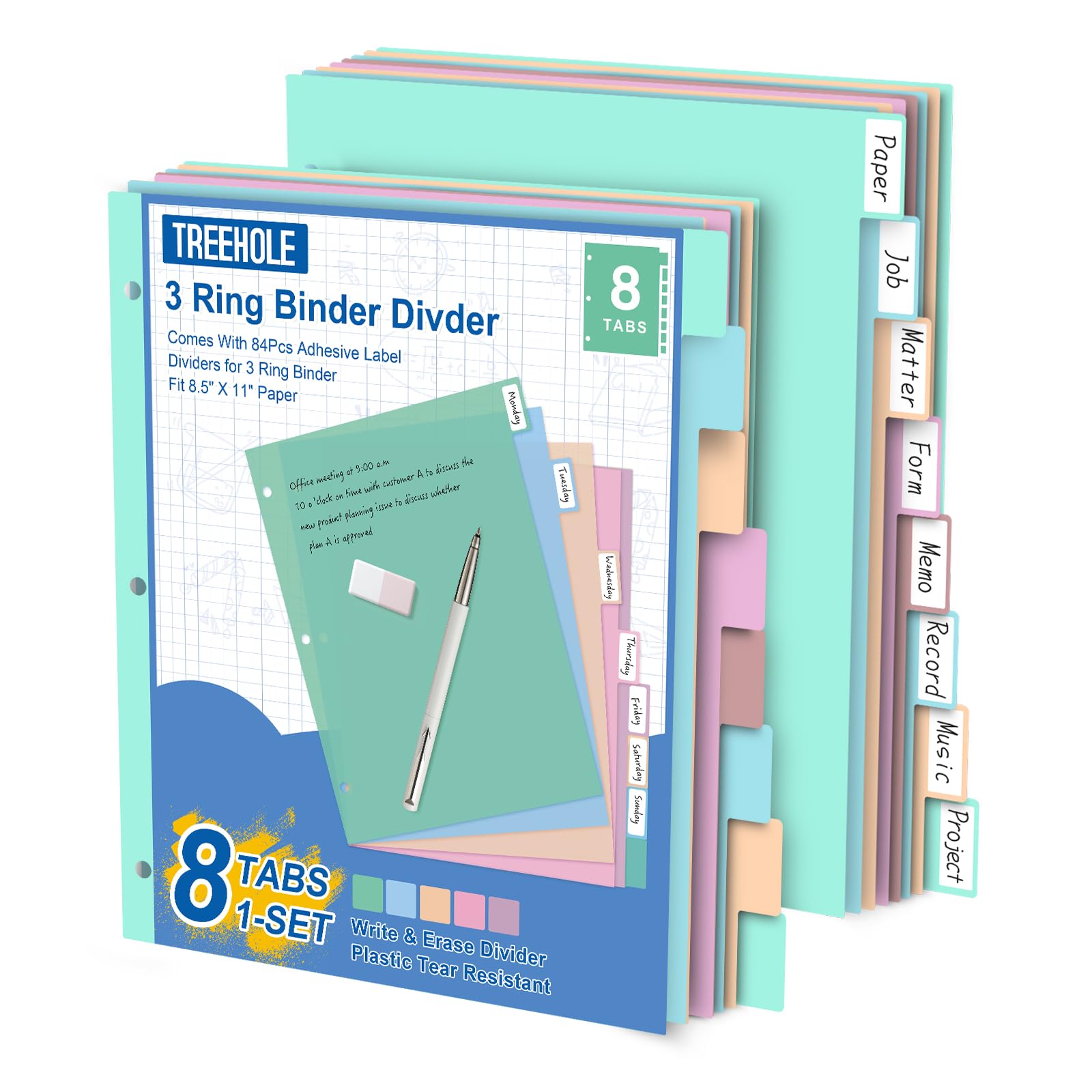 Divisores de carpeta de plástico con pestañas, 8 divisores de pestañas, separadores de páginas coloridos para carpeta de 3 anillos (8)