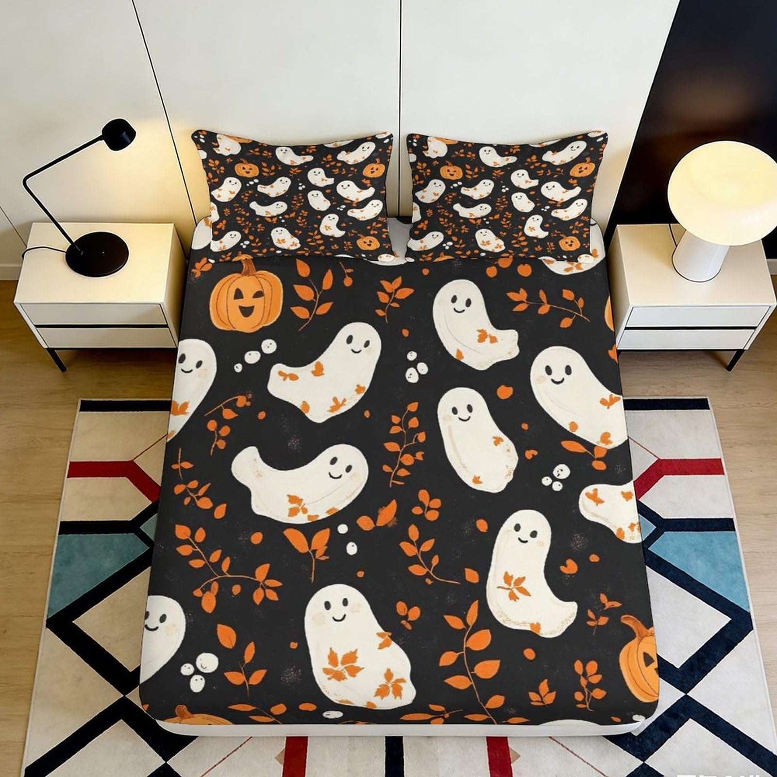 3D Printed Halloween Ghost Pumpkin Fitted Sheet Microfiber Soft Mattress Cover for Bedroom Dorm Easy Care 140x200x25cm