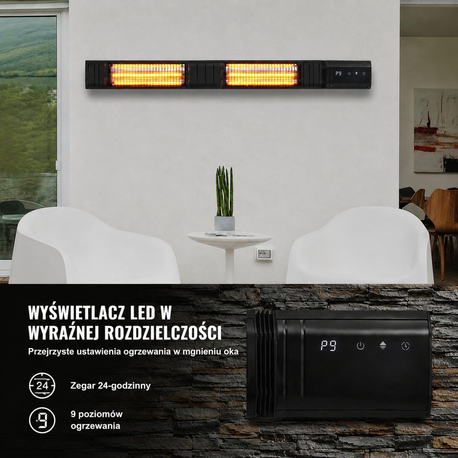 Elektryczny promiennik podczerwieni 3000 W, karbonowa rura grzewcza, montaż ścienny, do patio, ganku i ogrodu