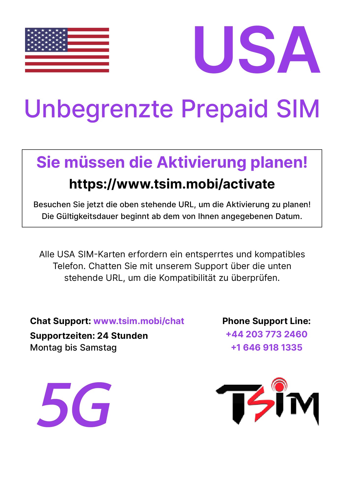 TSIM Tarjeta SIM prepagada para 60 días de viaje | Datos ilimitados de alta velocidad 4G/5G en Estados Unidos | Llamadas locales ilimitadas + llamadas entrantes gratuitas y SMS