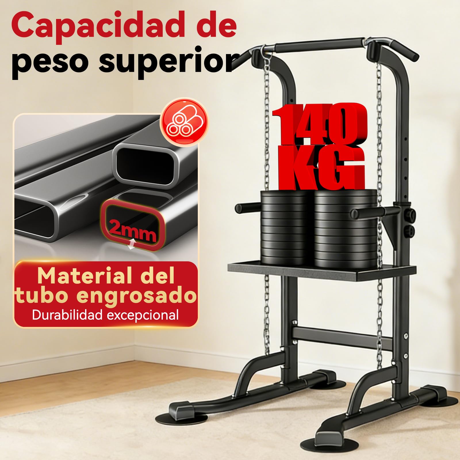 WATBKHE Power Tower, Barra de Dominadas con Estación de Fondos | Estación 4 en 1 para dominadas, fondos, flexiones y elevaciones de rodillas, ajustable en 12 alturas, con base en H, 120kg