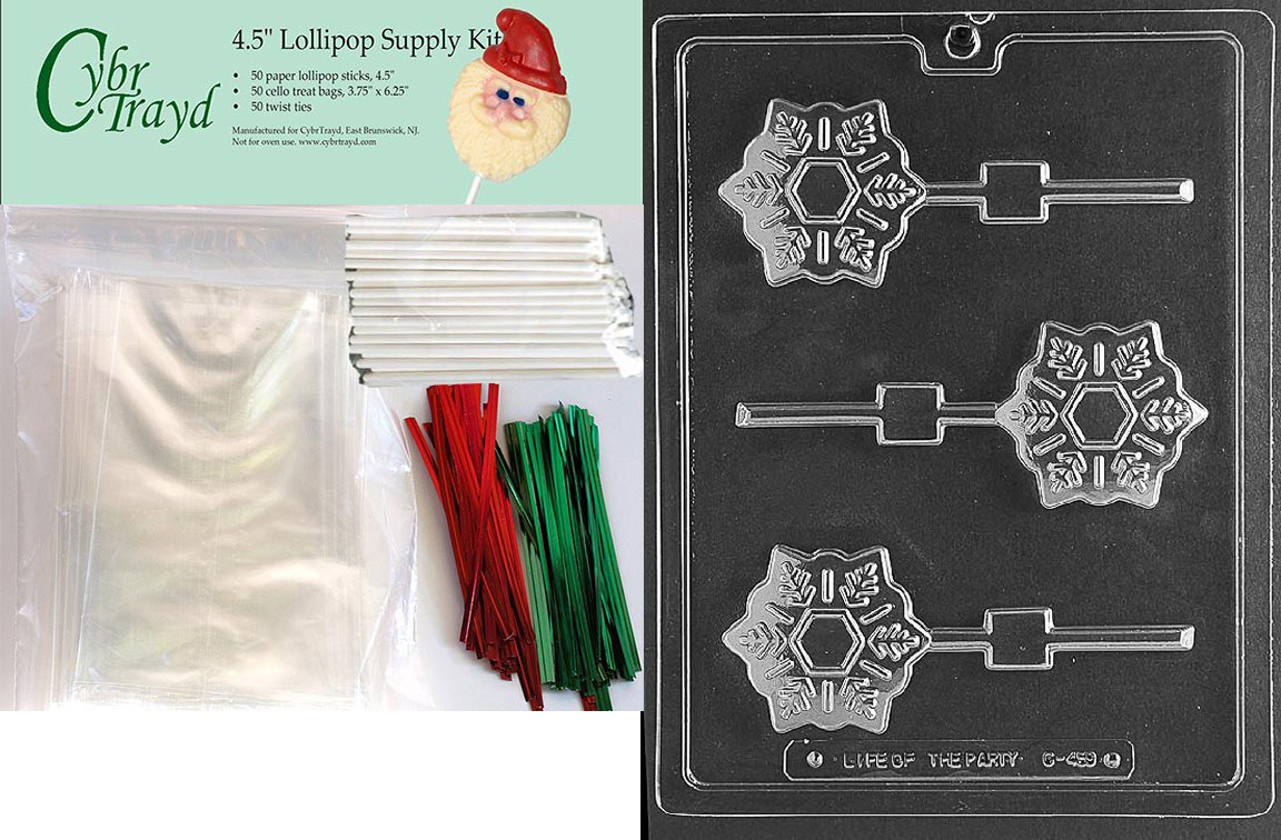 Cybrtrayd 45stK50C-C459 Snowflake Pop - Molde de chocolate con kit de piruleta e instrucciones de moldeado, incluye 50 palitos de piruleta, 50 bolsas de violonchelo, 25 rojos y 25 bolas verdes.