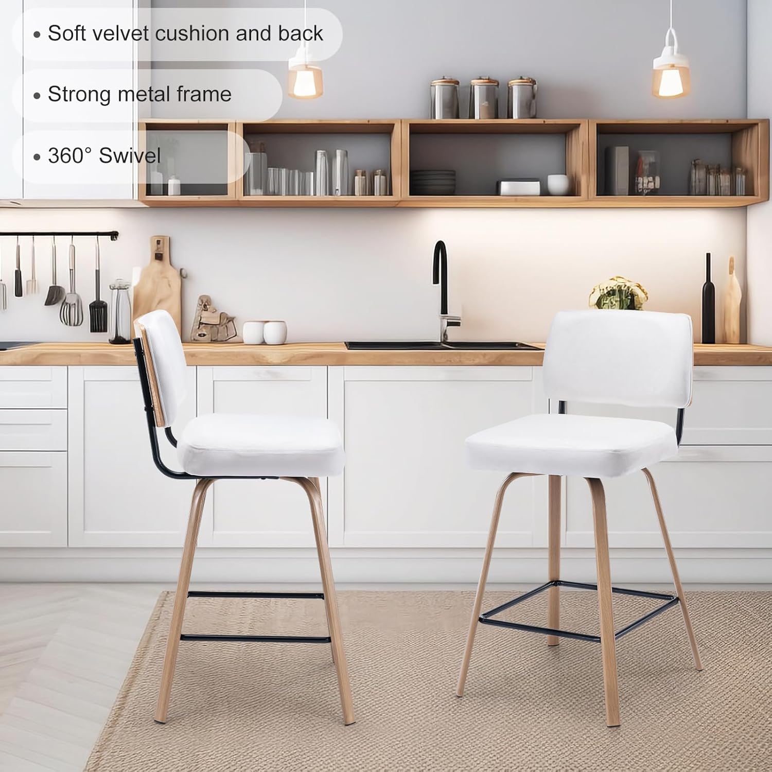 27.5" Modern Bar Stools Set of 2, Velvet Upholstered 360° Swivel Barstools with Comfy Back and Metal Legs, Mid-Century Armless Counter Height Bar Stools for Kitchen Island, Cafe, Pub, Bar (White)