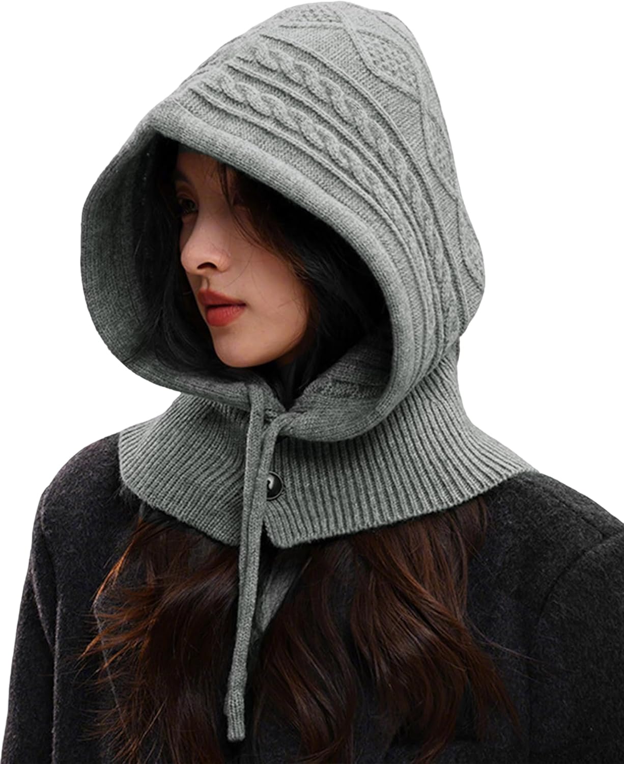 Peicees Knitted Balaclava Drawstring Hooded Scarf Hat Womens Beanie Skull Cap Winter Neck Gaiters Fashion