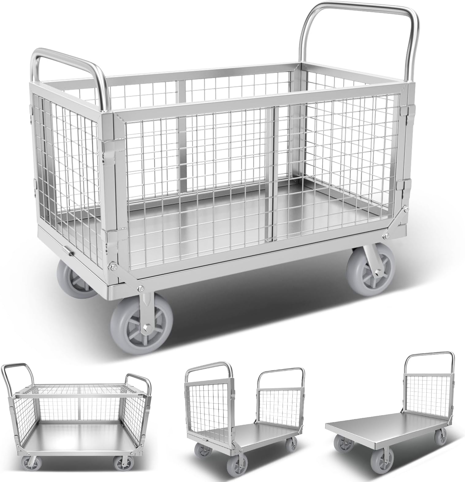 Platform Truck Cart with Cage, Multipurpose 6 in1 Foldable Flatbed Cart Heavy Duty Push Cart Dolly W/Swivel Wheels 2000lbs Capacity Utility Hand Cart for Grocery/Laundry/Stall/Storage