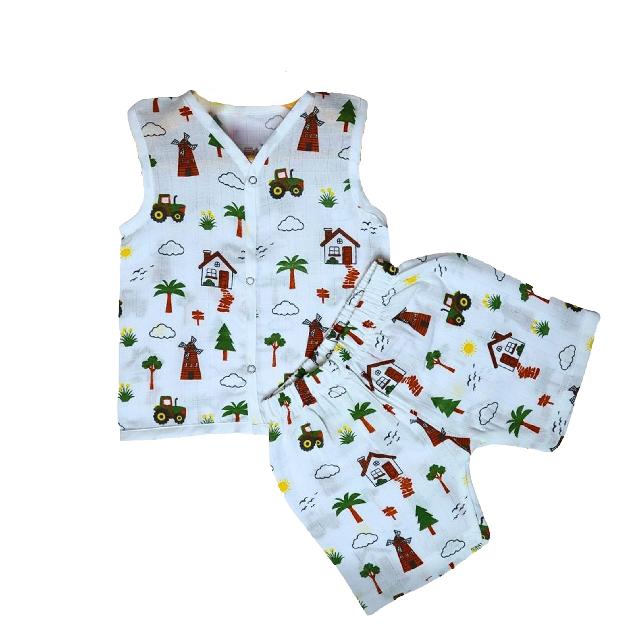 Foxworld Kids Muslin Organic Cotton Sleeveless Mixed Prints Button jabla - Print may be vary-image-41