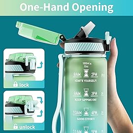 QLUR Water Bottle with Straw, 32oz Motivational Water Bottles with Time Marker to Drink, Tritan BPA Free, 1L Sports Water Bottle with Carry Strap LeakProof for Women Gym Fitness Outdoor (1 Pack)