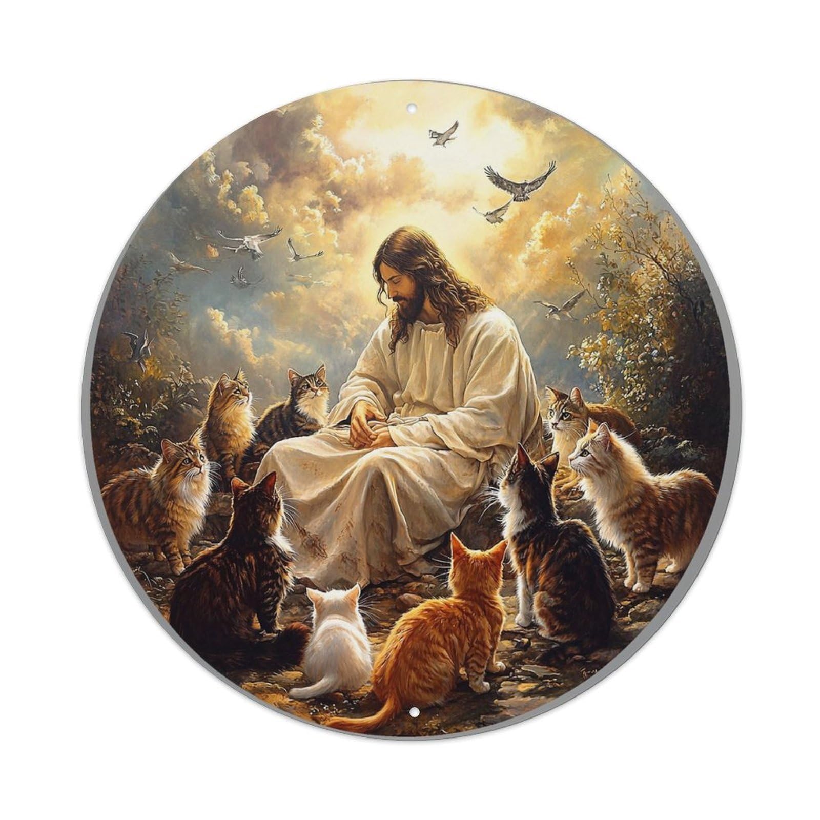 Jesus Sitting With Many Cats Vintage Metal Tin Sign Retro Wall Decor for Home Bar Garage Cafe, Indoor & Outdoor Decorative，circle Metal Poster, 8x8 Inch