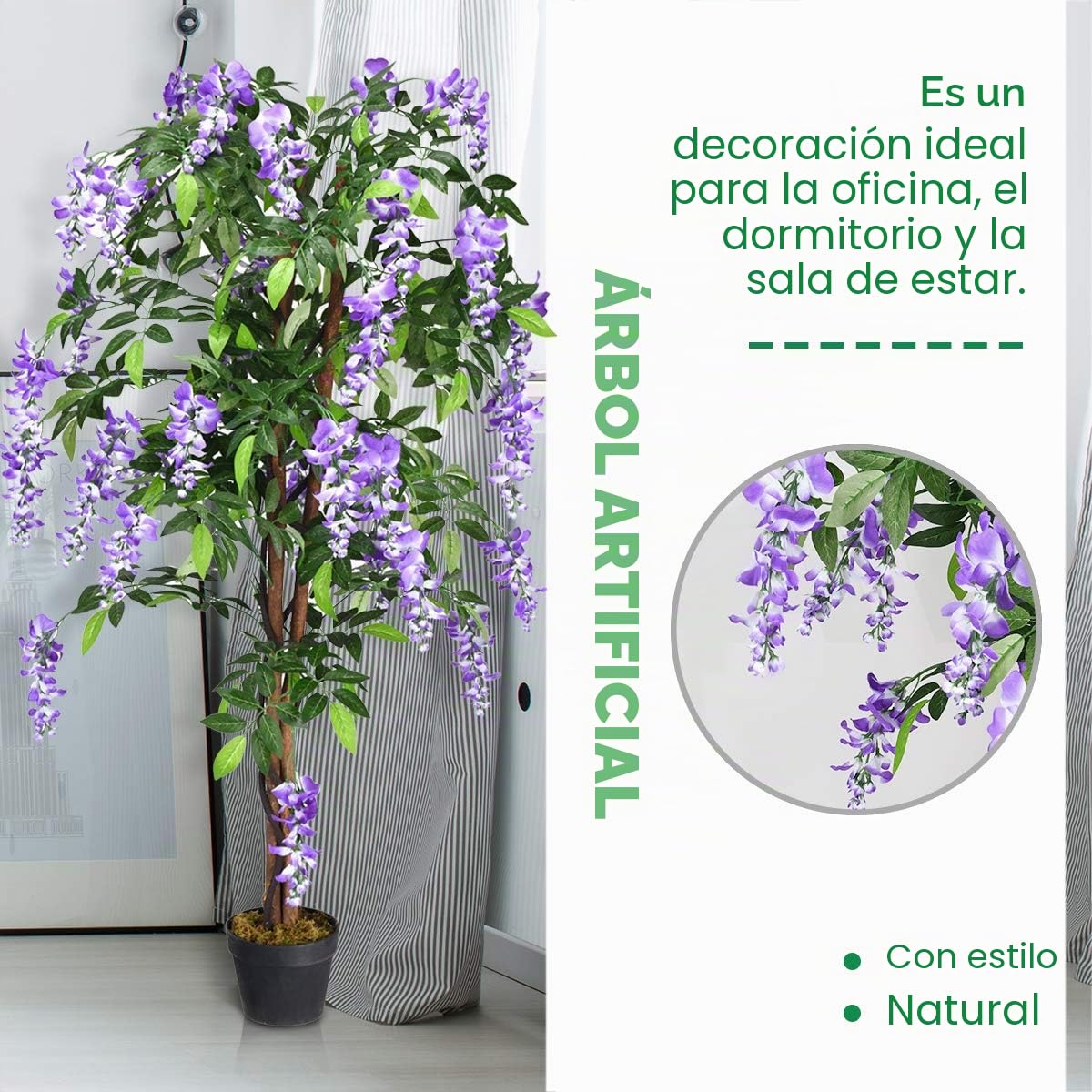 GOPLUS Planta Artificial Ficus Benjamin/Wisteria árbol/Phoenix Palm, árbol Artificial con Flores de 150 cm de Alto, Plantas Artificiales en Maceta, Plantas de Interior Artificiales harina de plástico
