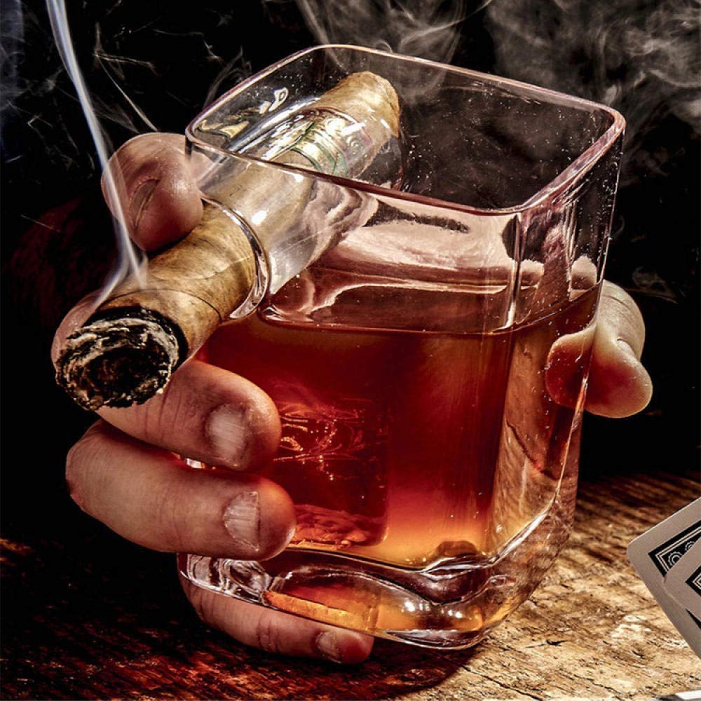 Kieliszek do whisky z uchwytem na cygaro z wbudowaną podpórką na cygaro, bez rąk dla miłośników papierosów, stara moda, ultra przezroczyste szkło, 320 ml