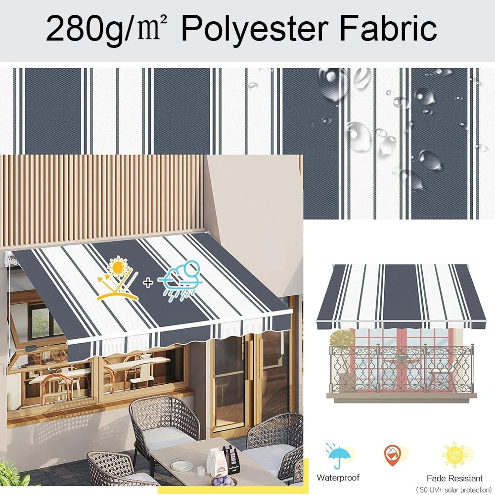 Markiza tarasowa w szaro-białe paski, tkanina do użytku na zewnątrz, osłona przeciwsłoneczna, zapasowa, tkanina (350 x 300 cm) odporna na działanie promieni UV, odporna na warunki atmosferyczne