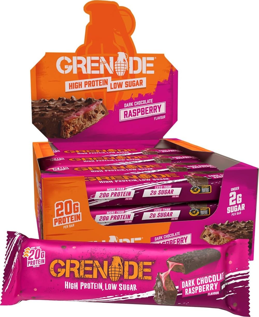 Grenade Dark Chocolate Raspberry Protein Bars, 12 x 60 g | High Protein, Low Sugar Bars, Over 20 g Protein & 0.9 g Sugar, Soft Nougat with Raspberry Caramel & Dark Chocolate Chunks