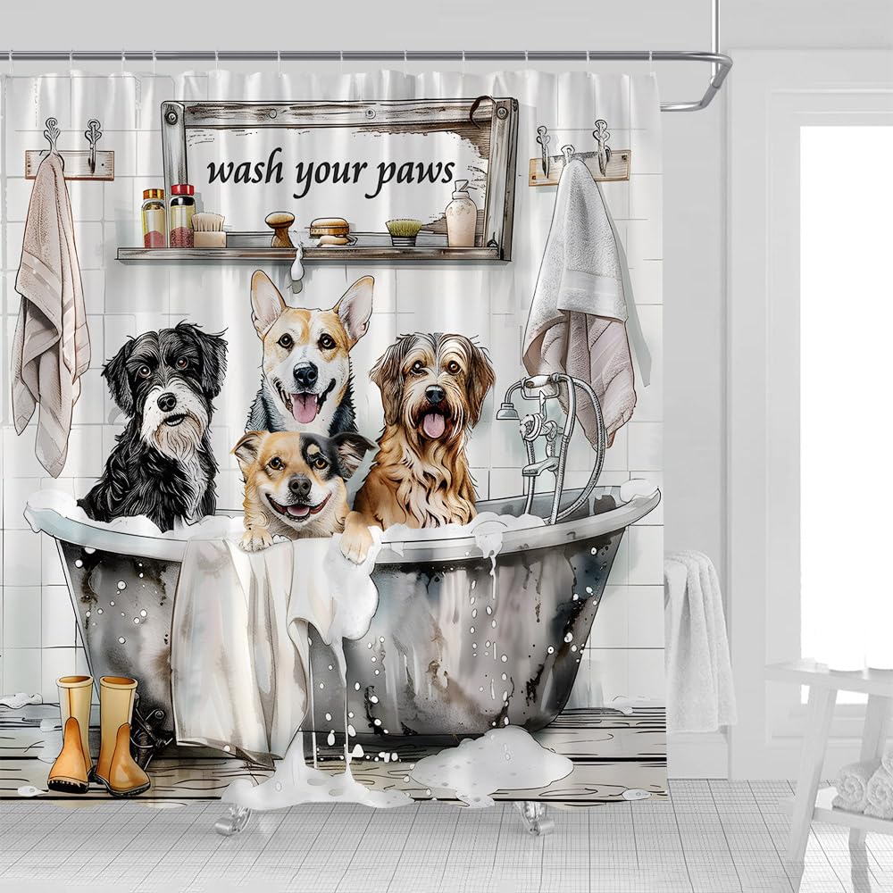 UOZXOML Funny Dog Shower Curtain Farmhouse Cute Animal in Bathtub Bathing Bubble Rustic Country Wooden Plank Pet Lover for Boys Girls Fabric Bathroom