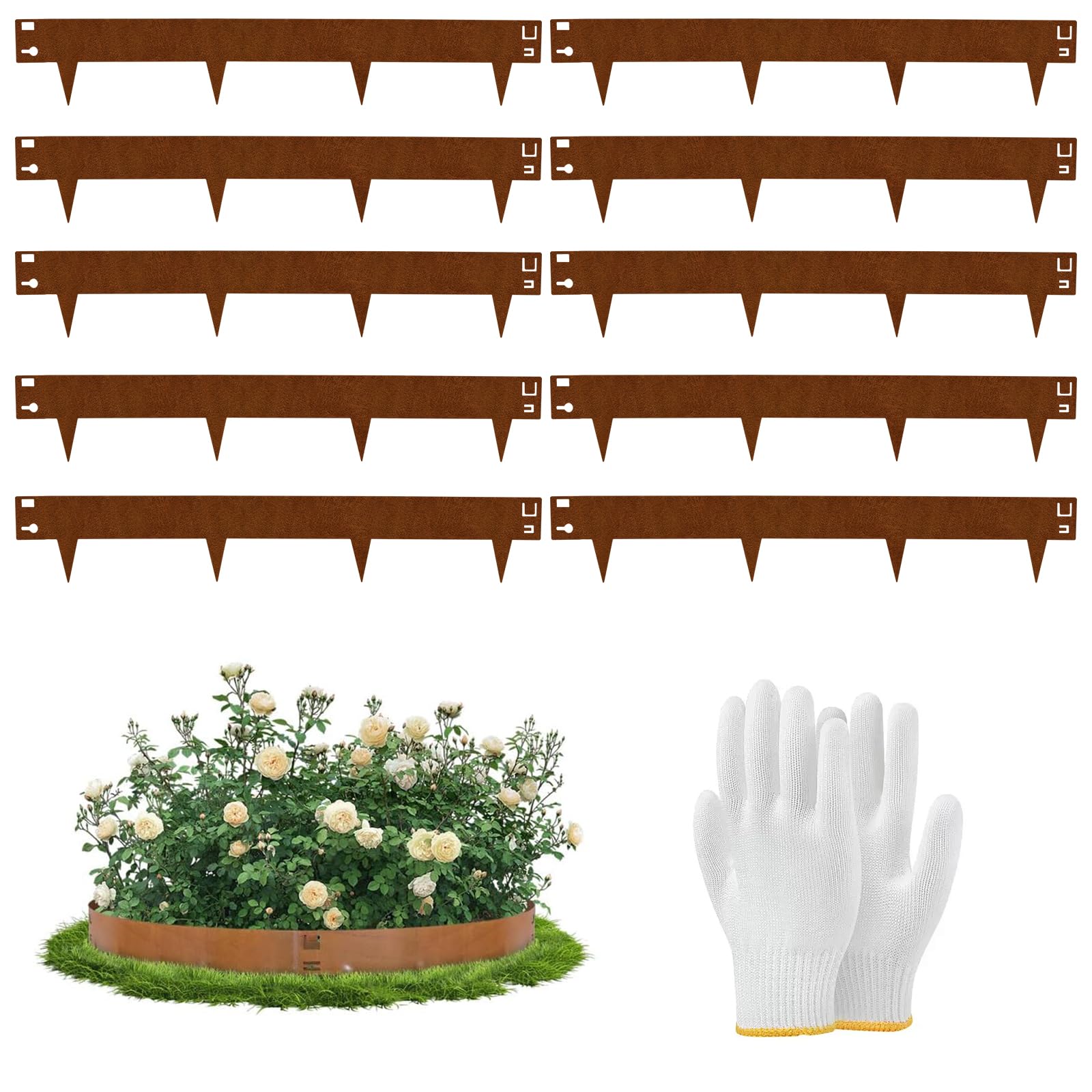 Bordura Giardino in Metallo Ruggine 84 x 16 cm, Set da 10, Bordo Prato in Acciaio Verniciato a Polvere con Picchetti Integrati, Installazione Senza Attrezzi per Aiuole, Prato, Vialetti-Ruggine
