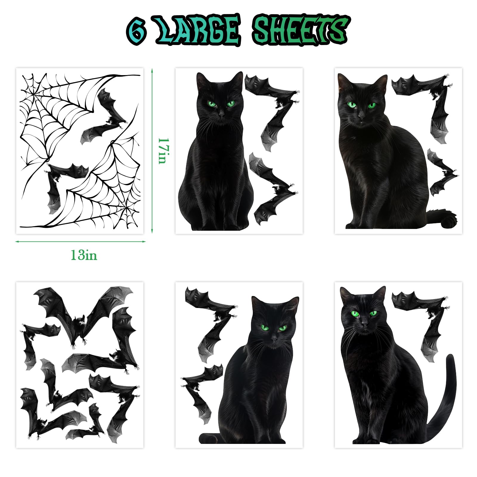 Halloween Decorations Window Clings: 4 Large Realistic Black Cats Halloween Window Stickers Spiderweb Bats Silhouette Window Decals Indoor School Home Office Party Decor for Glass Windows, 6 Sheets