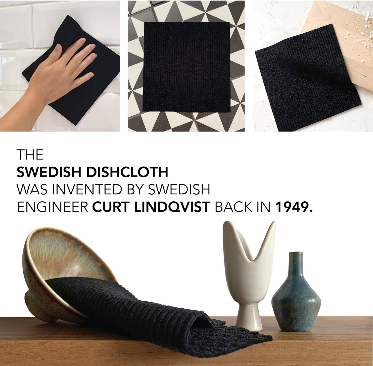 Black Swedish Dishcloths for Kitchen - Set of 3 Swedish Dish Cloths | Swedish Dish Towels Made in Sweden | Reusable, Compostable Black Dishcloths for Kitchen - Image 2