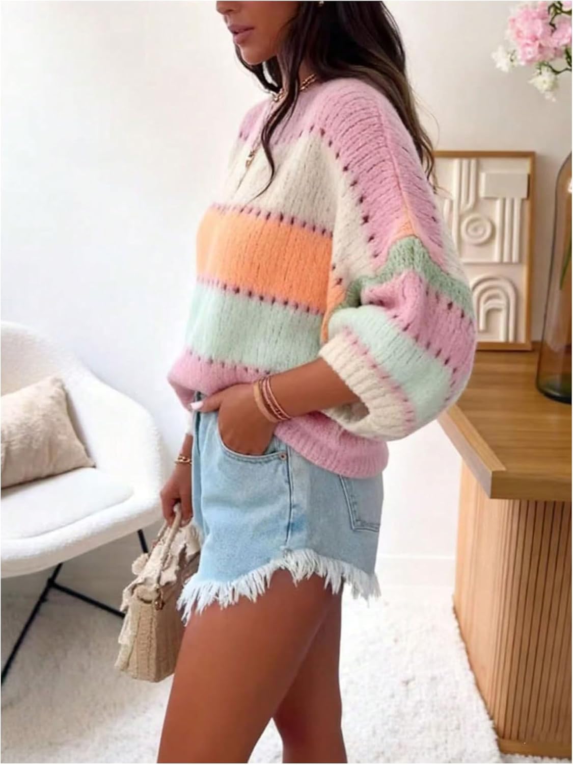 WDIRARA Women's Striped Oversized Sweaters Hollow Out Pullover Chunky Knit Tops