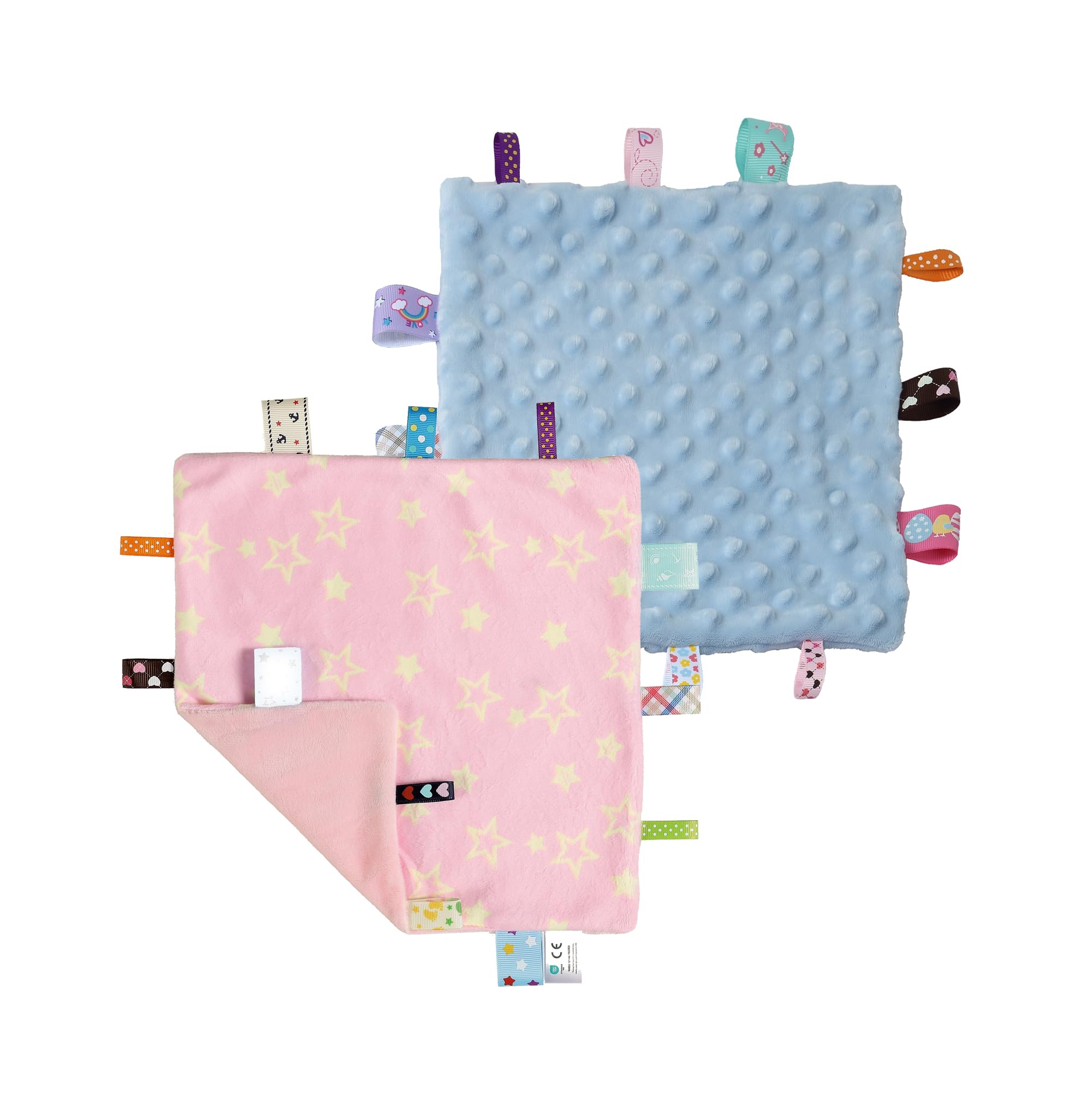 CREVENT Tag Security Blankets for Babies, Soft Small Loveys for Boys, Baby Comforter Sensory Blanket, Great Gifts for Birthday Baby Shower - 10"X10" Pink Star + Blue