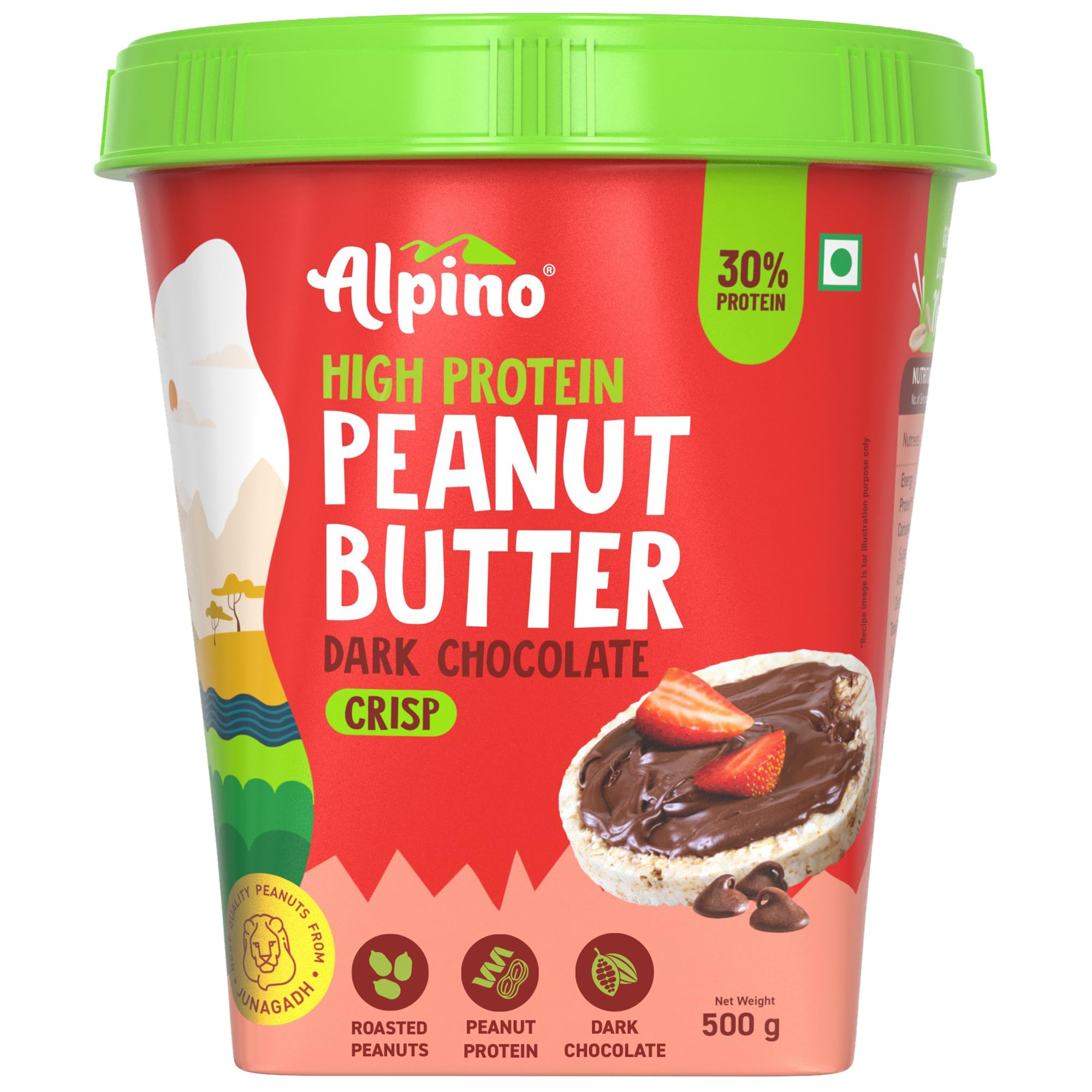 ALPINO High Protein Dark Chocolate Peanut Butter Crisp 500g - Roasted Peanuts, Dark Chocolate, Whey Protein & Pea Protein – 30g Protein, Gluten Free - High Protein Peanut Butter Crispy