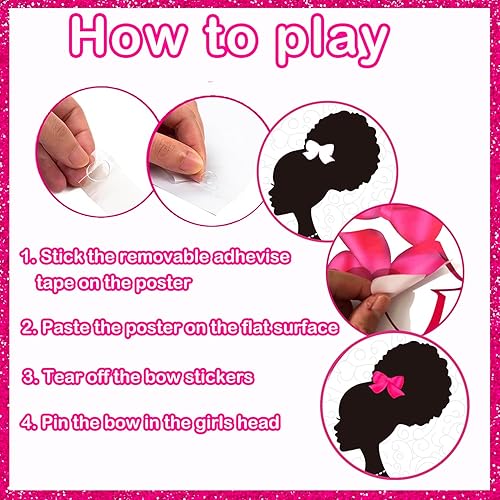 Miniatura 3 de Decoraciones de fiesta rosas para niñas, decoraciones de cumpleaños de niñas negras, juegos de fiesta, pin el lazo en la cabeza de las niñas, juego