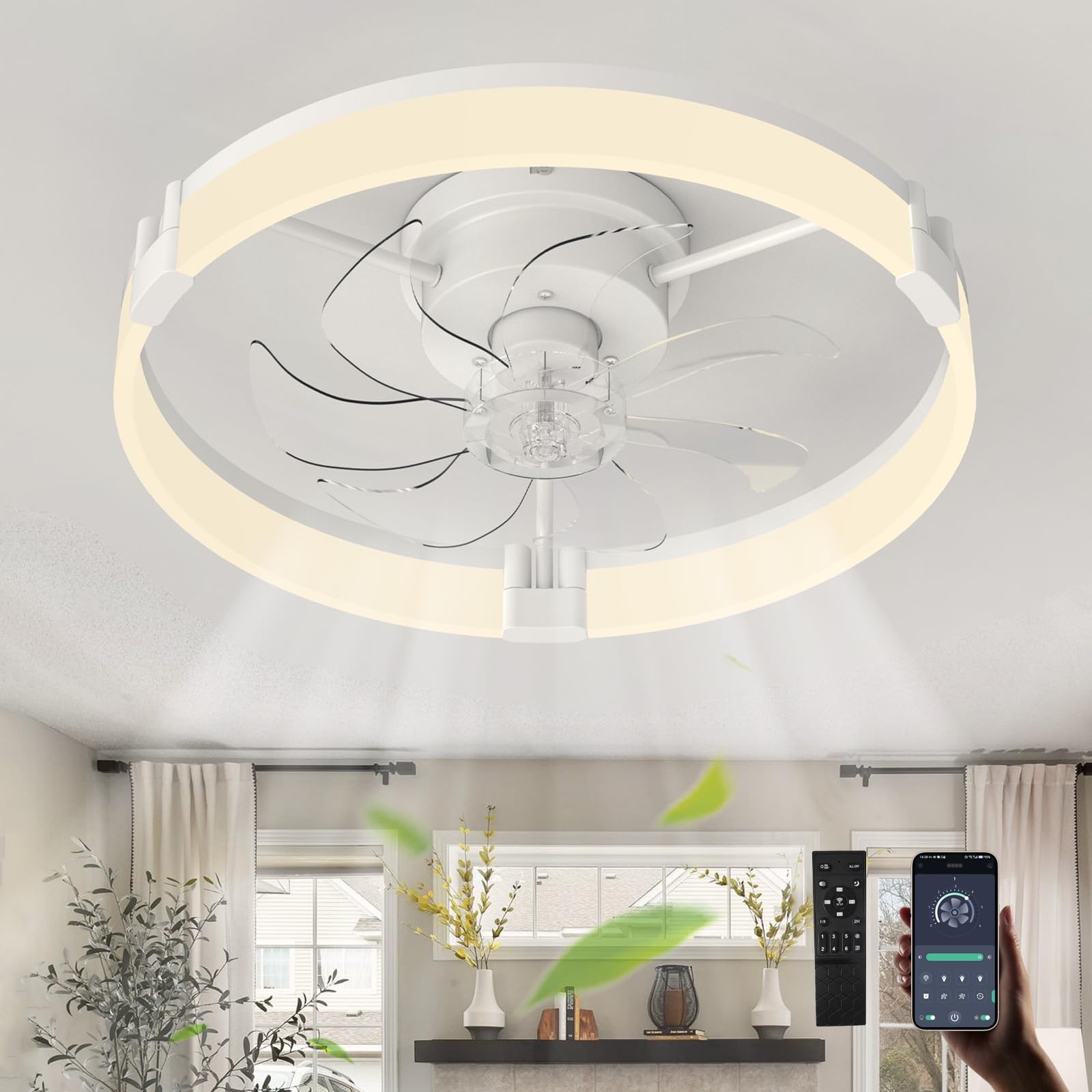 SXDMOUBK Dimmable Modern Ceiling Fan Light with Memory Funct 6-Speed Silent Reversible Smart Fan for Living Room & Bedroom - White Lighting Fixture