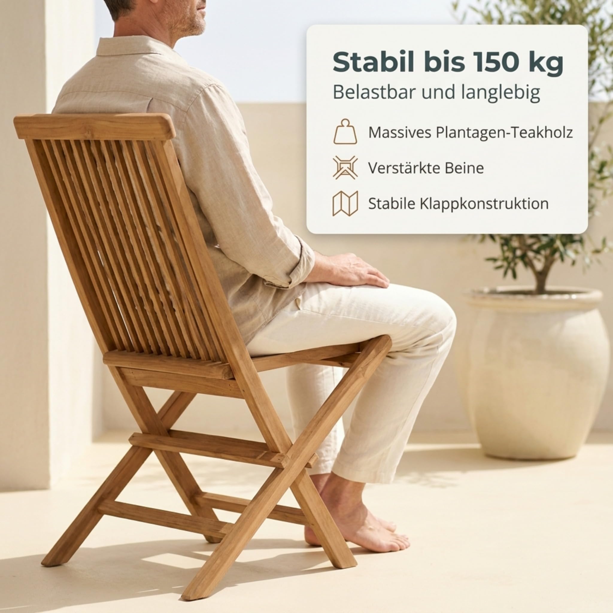 SAM Premium Klappstuhl Menorca, Balkonstuhl Teakholz massiv lackiert, klappbarer Gartenstuhl ohne Armlehnen bis 150 kg, wetterfest für Garten Terrasse Balkon Wintergarten Outdoor, Unikat