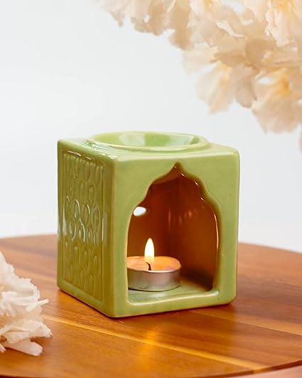 AuraDecor Handcrafted Small Ceramic Burner Square Shape with 1 T-Light Candle for Home Decorations (Green)