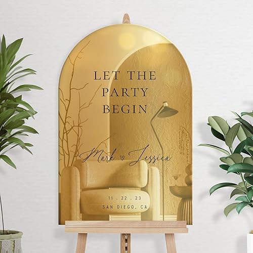 Miniatura 2 de Letrero de bienvenida de boda acrílico con espejo dorado personalizado, decoración de bienvenida con diseño de arco dorado, letrero de boda dorado