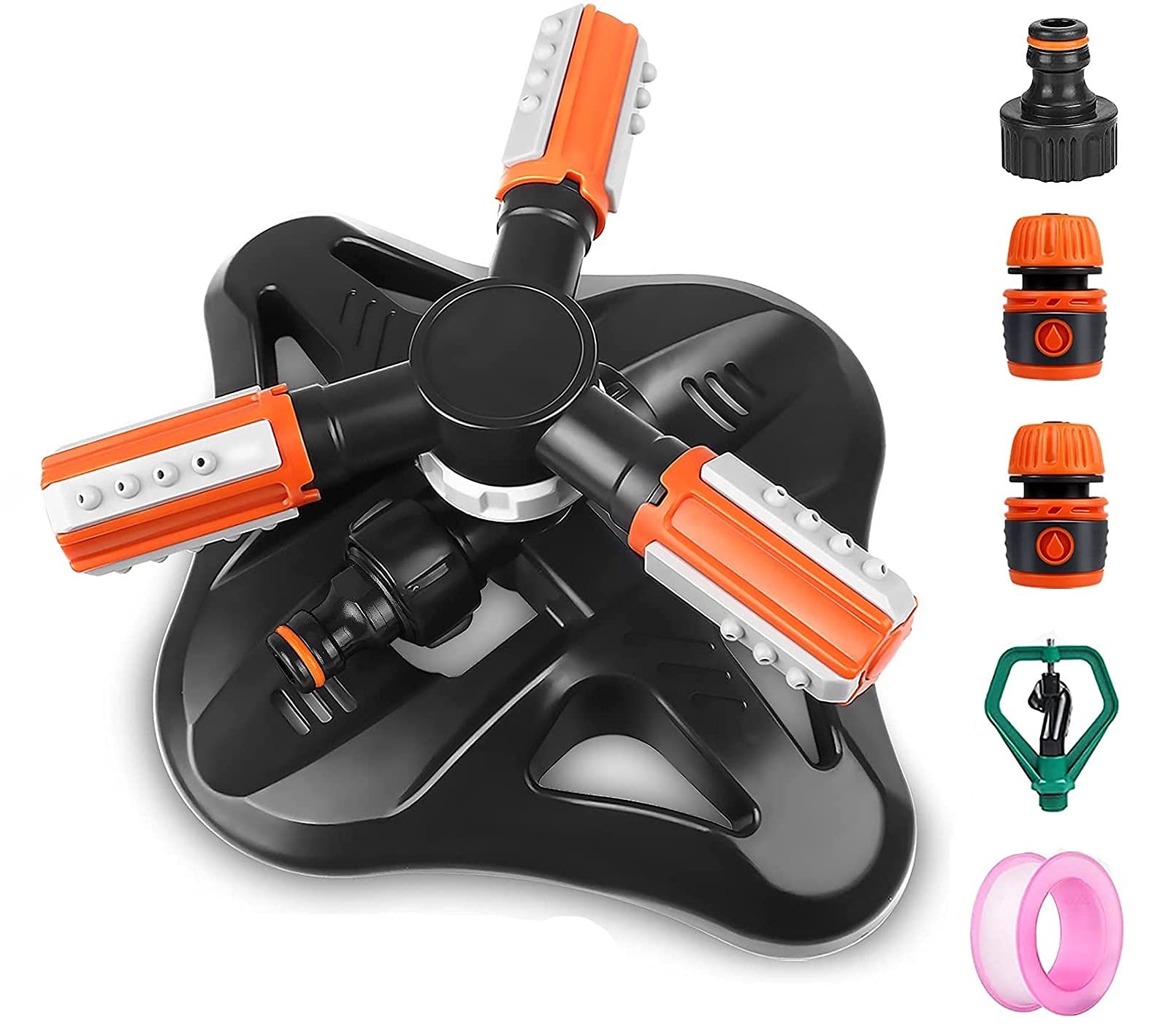 KAHEIGN Rociador De Jardín, 3 Brazos 360° Rotación Automática Ajustable Aspersores De Agua Para Jardín Sistema De Riego De Césped Para Garden Park Yard - Con Conectores Rápidos Y Cabezal De Rociador