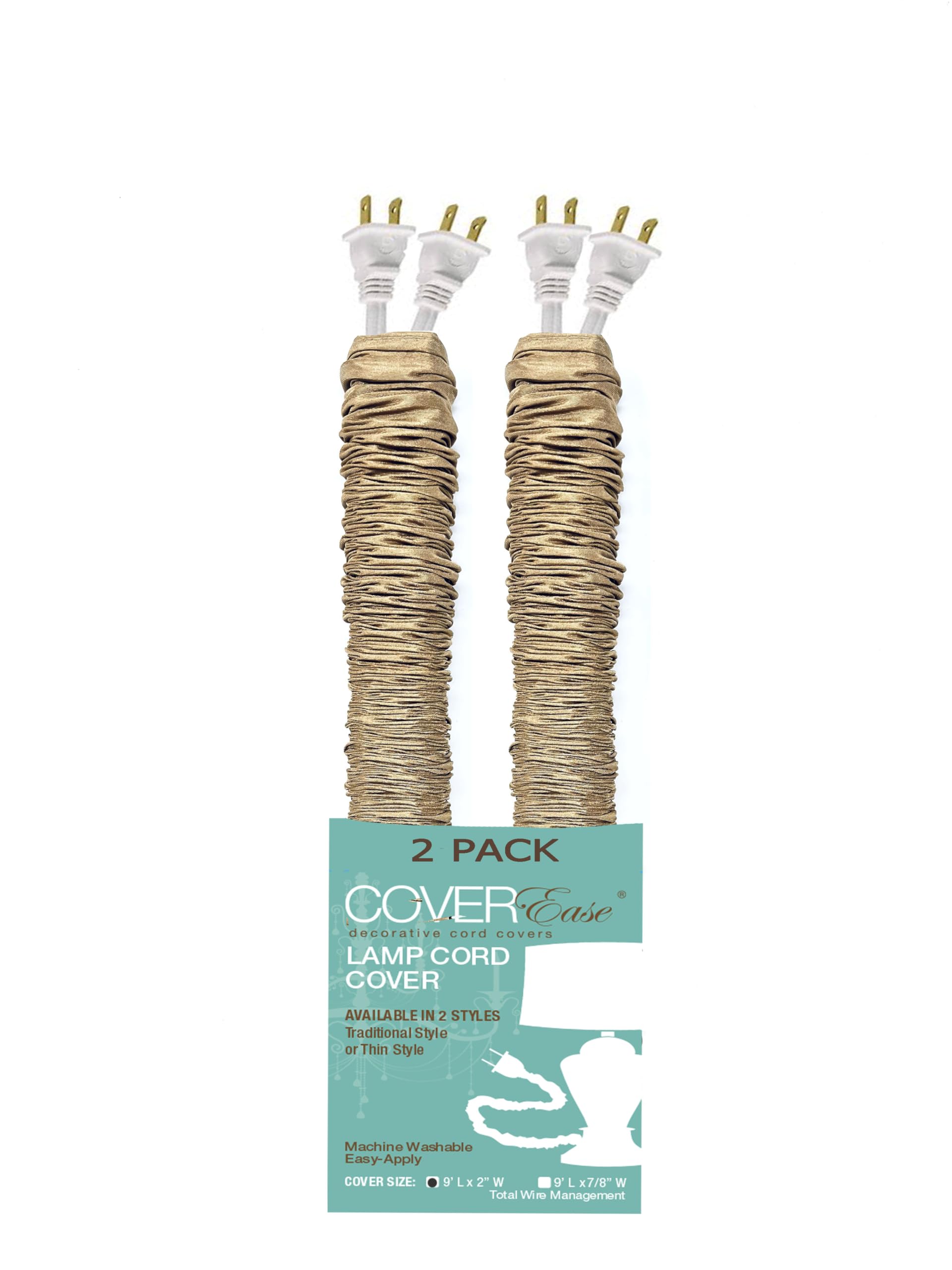 Dk Tan/Camel COVEREase Cord Cover 9 ft Faux Silk Fabric Lamp Cord Cover - Cable Sleeve, Wire Cover, Cord Hider for Cable Management for Electrical Lighting Fixtures (2 Pack)