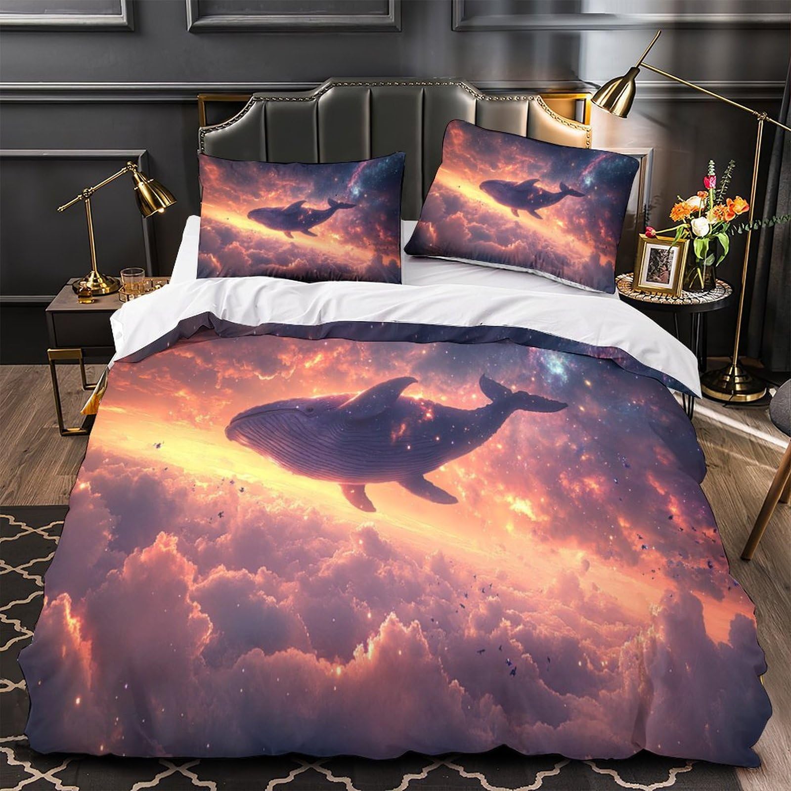 Housse de couette baleine 3D parure de lit cosmique 220x240 avec 2 taies d'oreiller pour filles