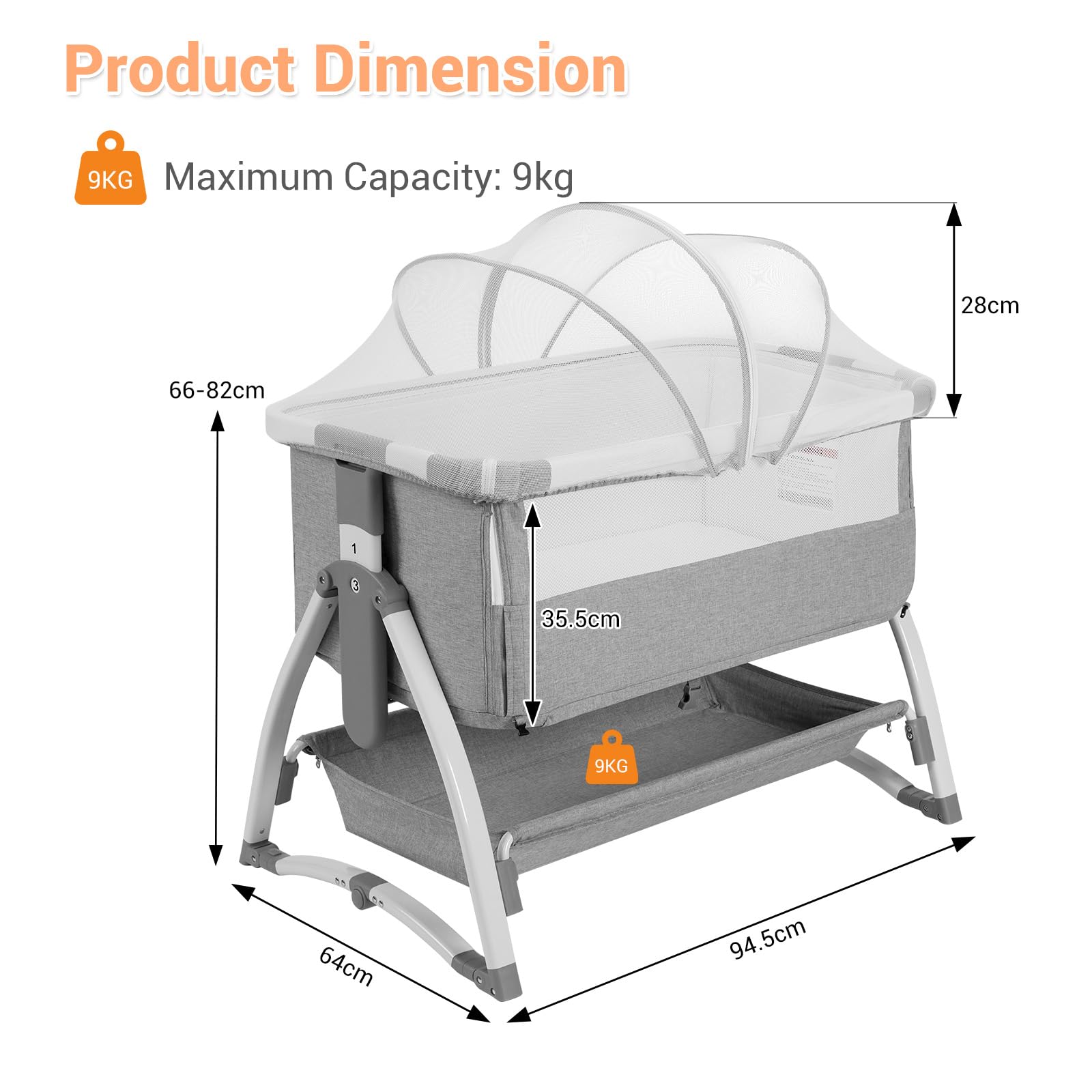Lit Bébé Évolutif 3 en 1 Convertible Cododo avec Moustiquaire, Matelas, Bascule, 7 Hauteurs Réglables, 0-36 Mois