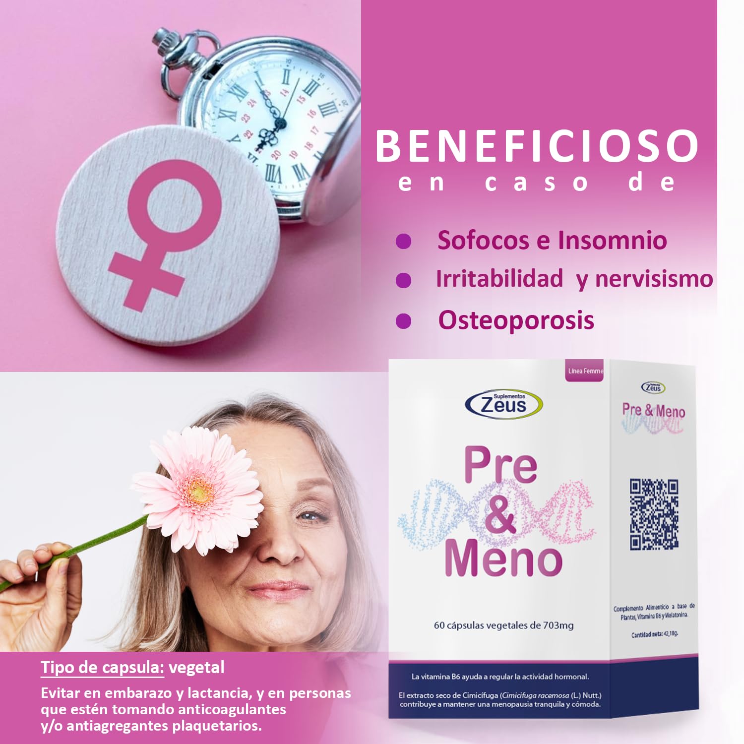 PRE & MENO | Ayuda a regular la actividad hormonal y a mantener una menopausia tranquila y cómoda | Complemento Alimenticio a base de Plantas, Vitamina B6 | 60 Cápsulas Vegetales