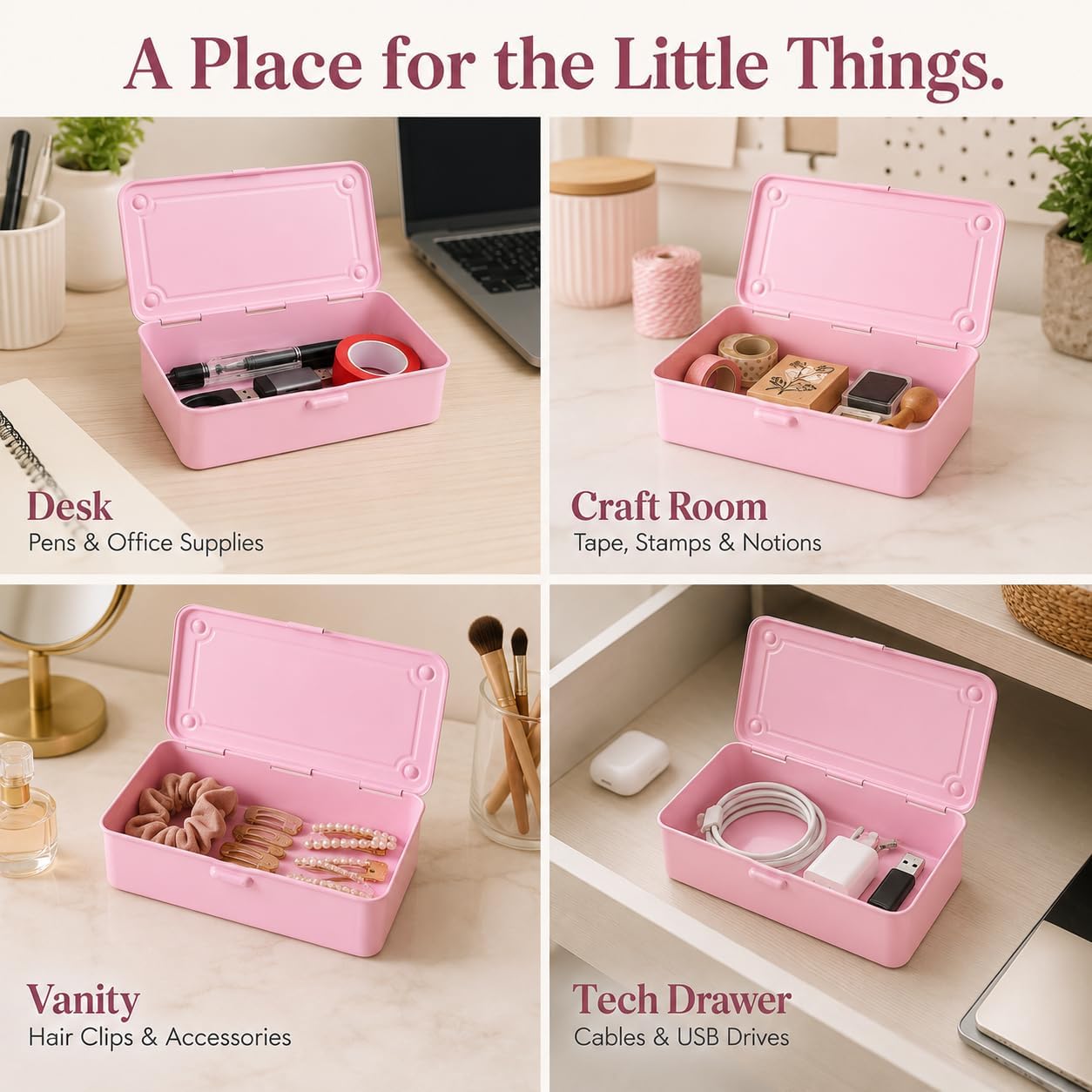 2 Pack Pink Metal Storage Boxes with Hinged Lids, 7.9 Inch